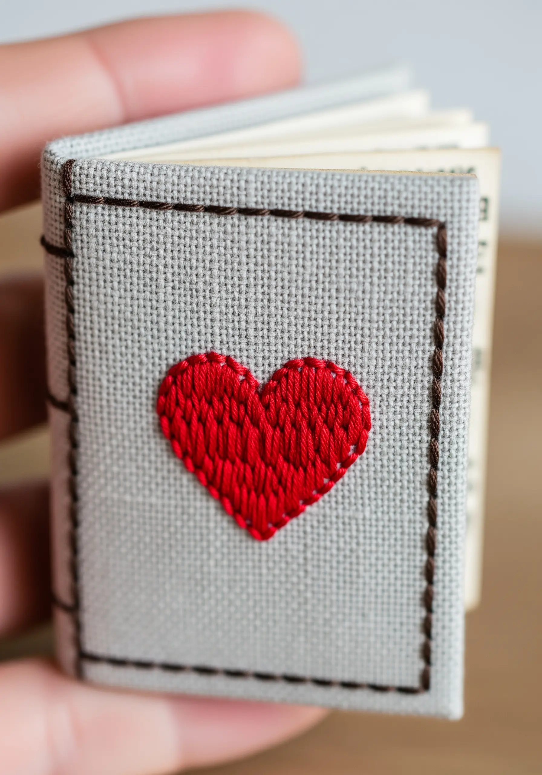 A tiny, hand-bound book with a raised red satin-stitched heart on the cover.