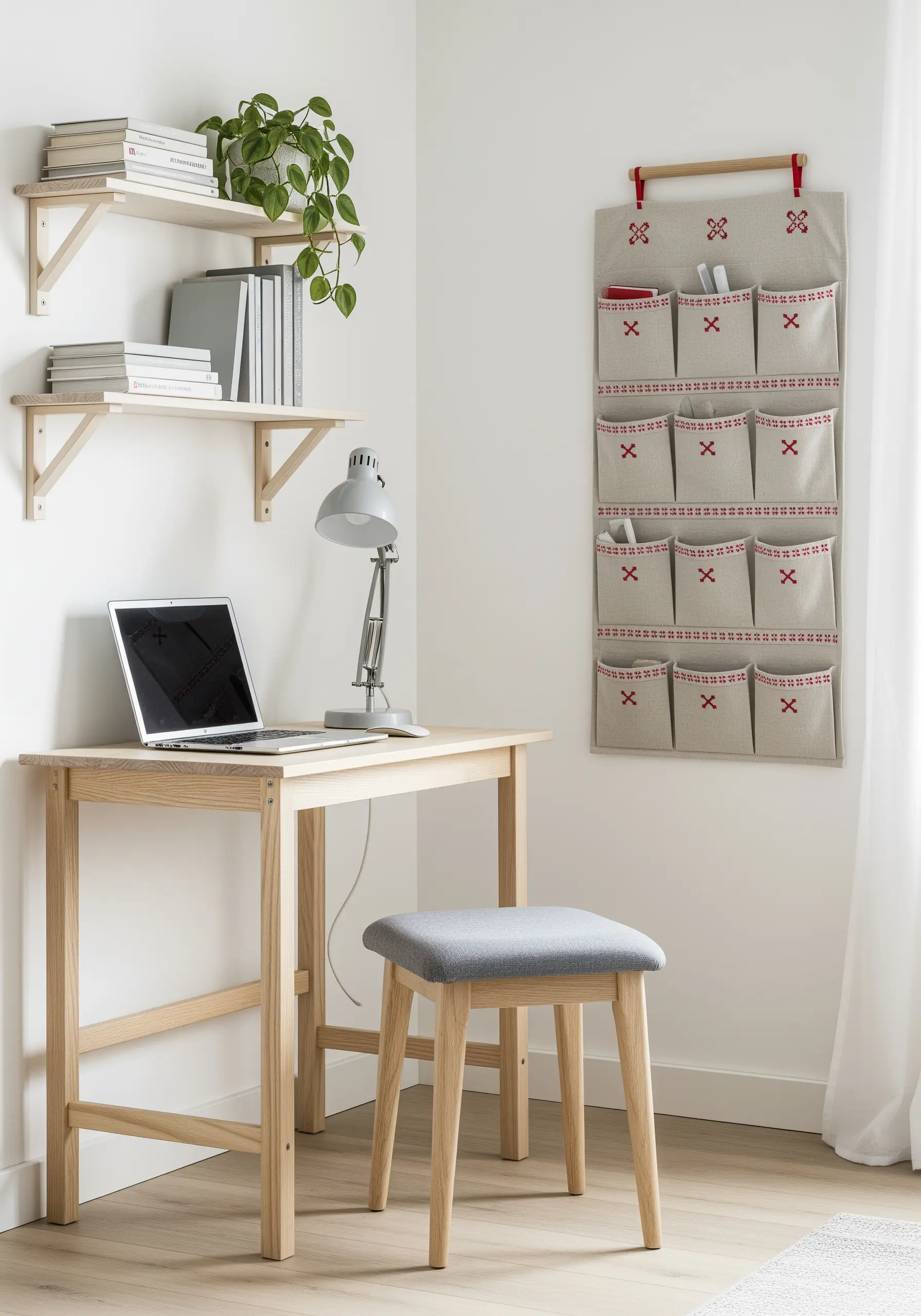 A hanging fabric wall organizer with small, simple red cross-stitch details on each pocket.
