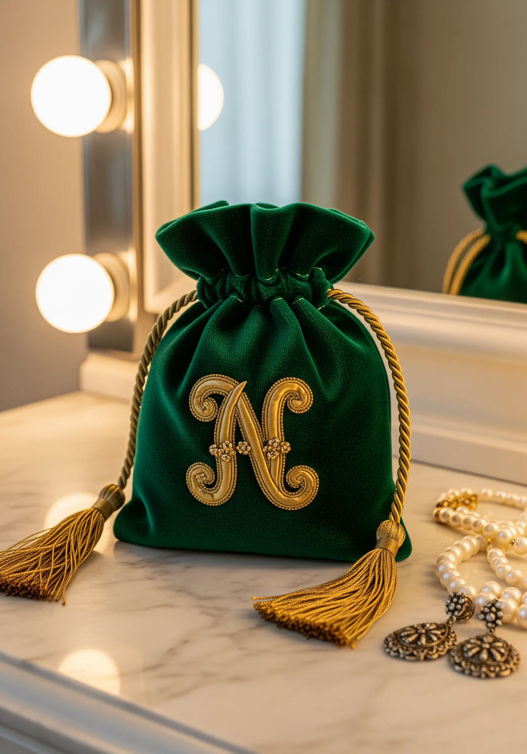 A goldwork monogram on a plush green velvet drawstring bag with gold tassels.