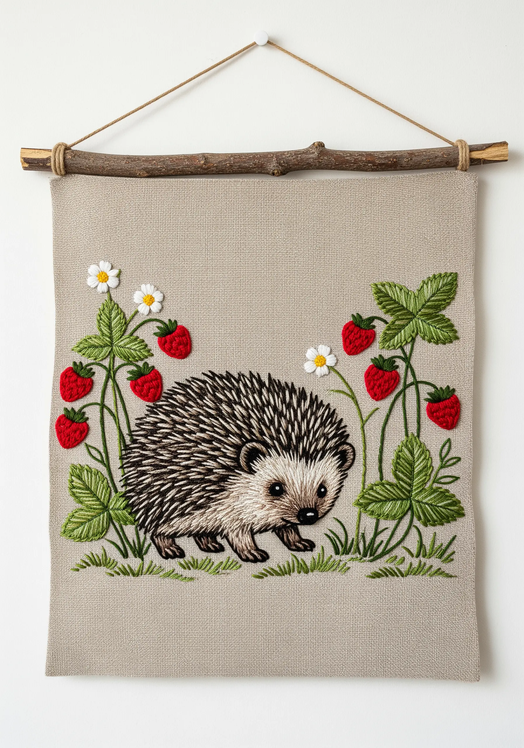 Hedgehog and strawberry plant embroidery on a linen wall hanging with a branch.