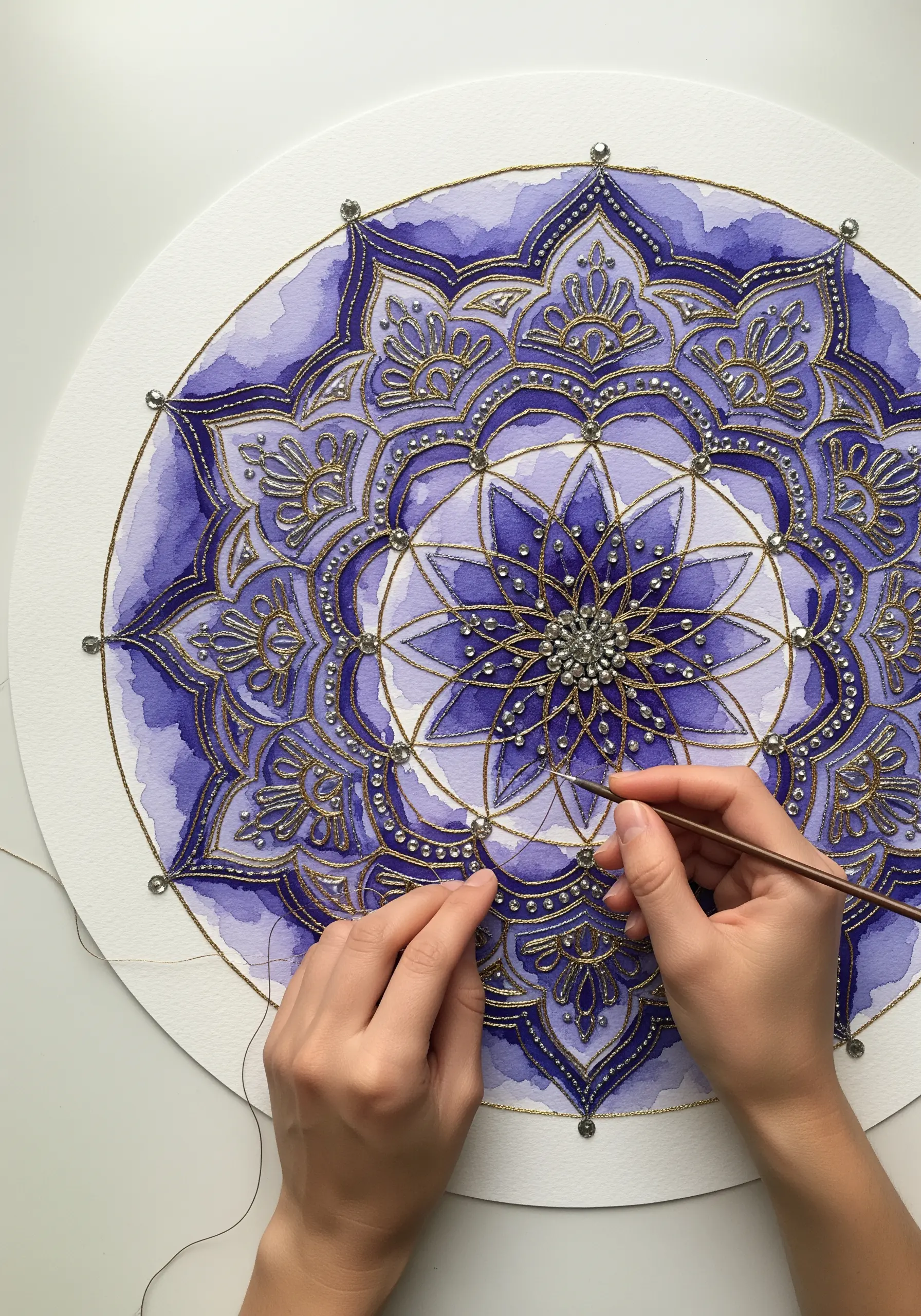 A mandala painted with purple watercolor and being embellished with gold metallic thread and beads.