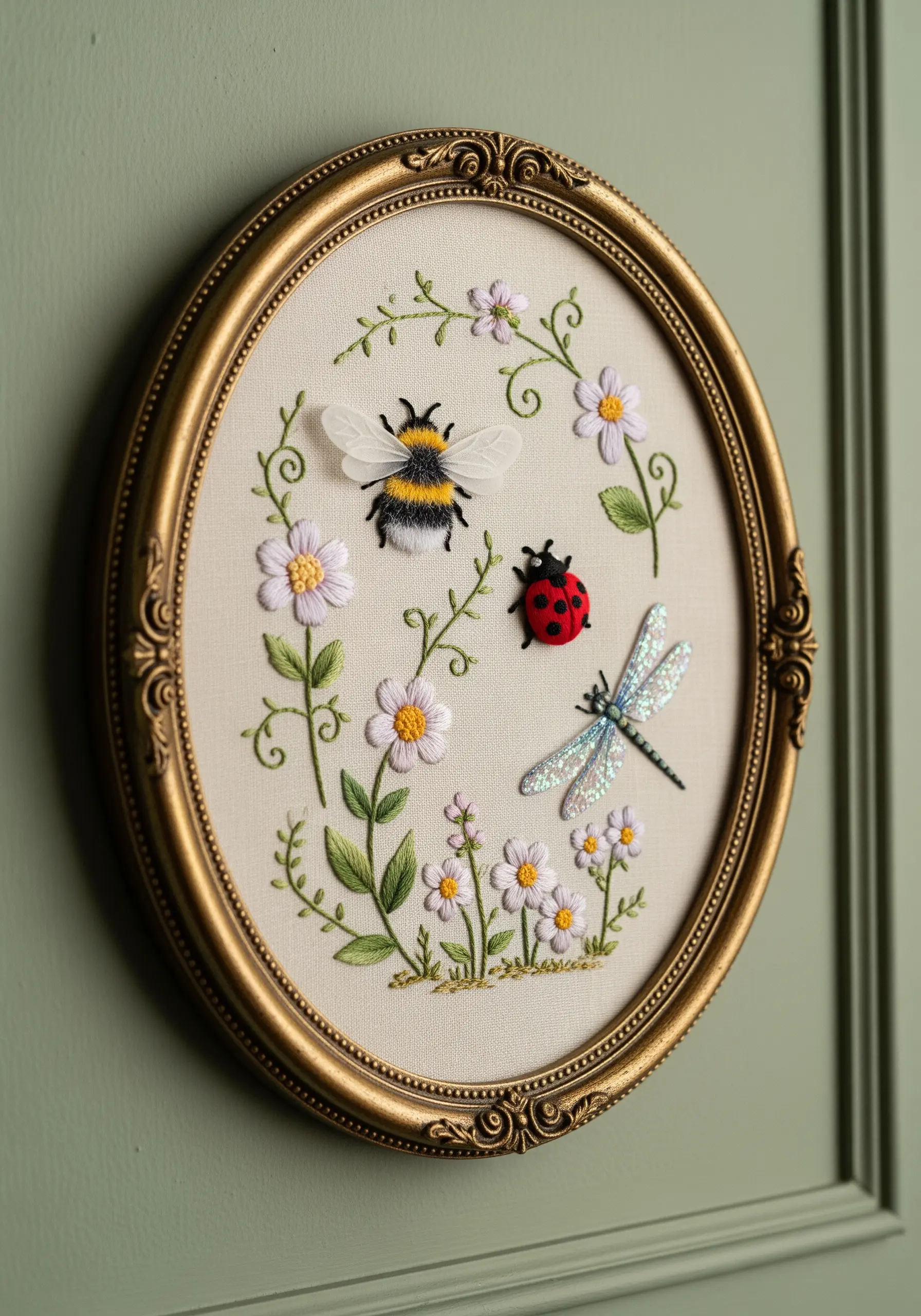 An embroidered scene of garden insects and flowers in a vintage gold frame, with 3D stumpwork wings.