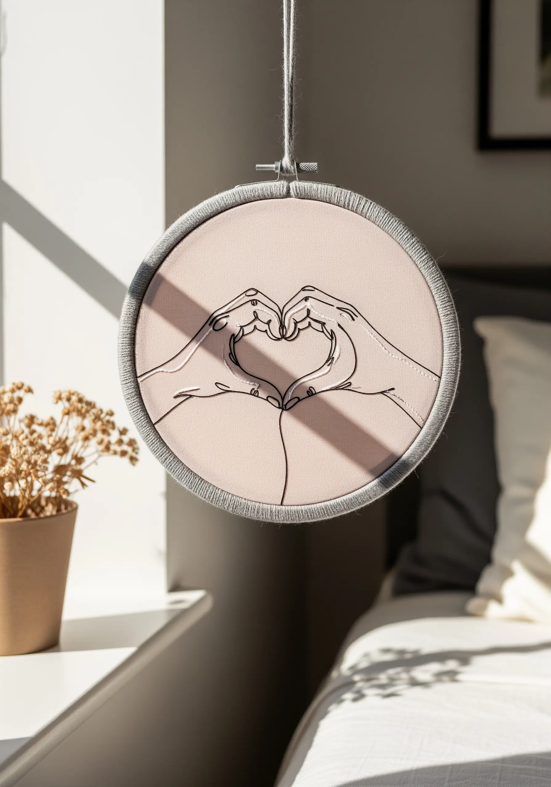 Line art of hands forming a heart, framed in a hoop wrapped with grey yarn.