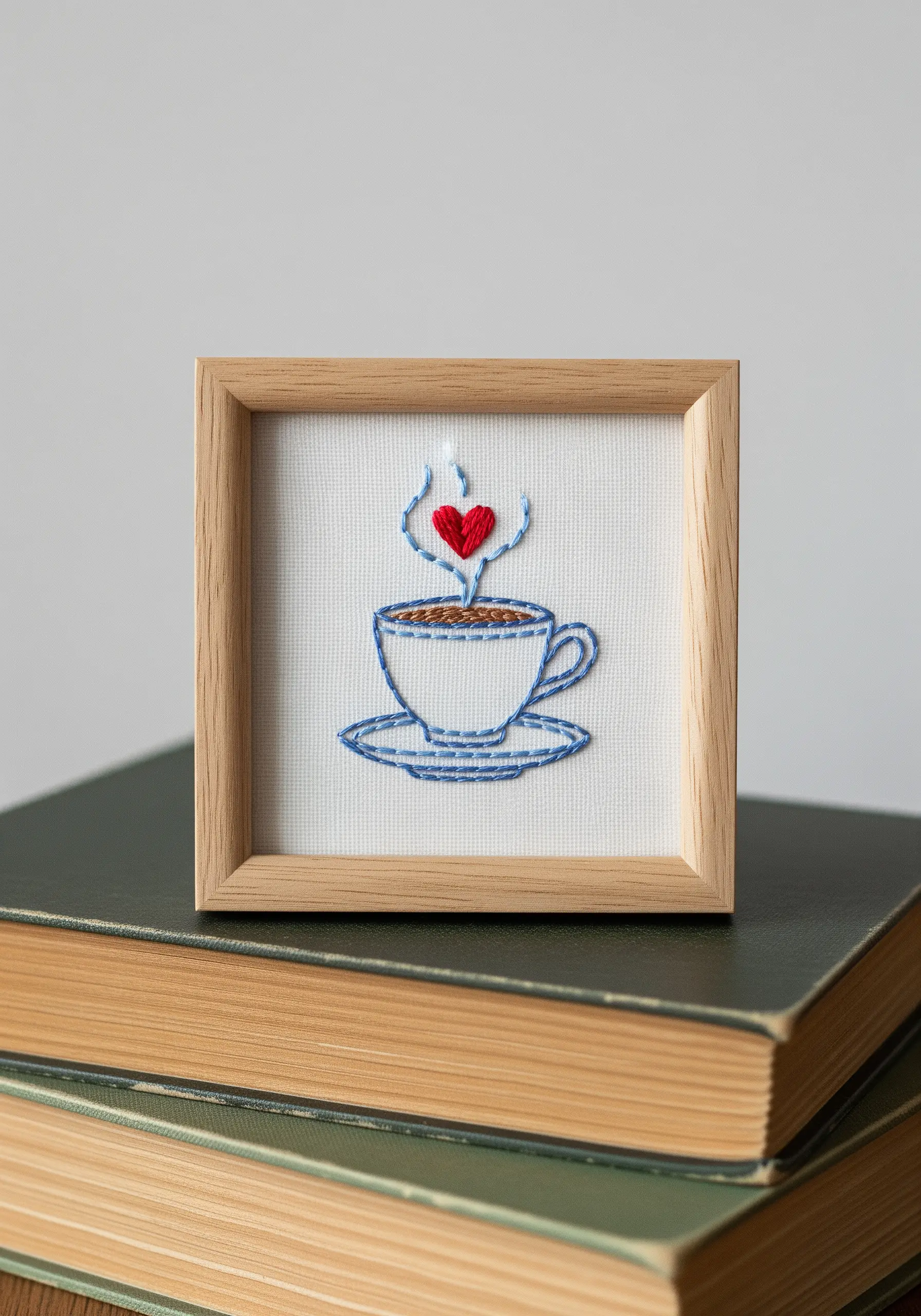 Framed embroidery of a coffee cup with a red heart, stitched with simple line art.