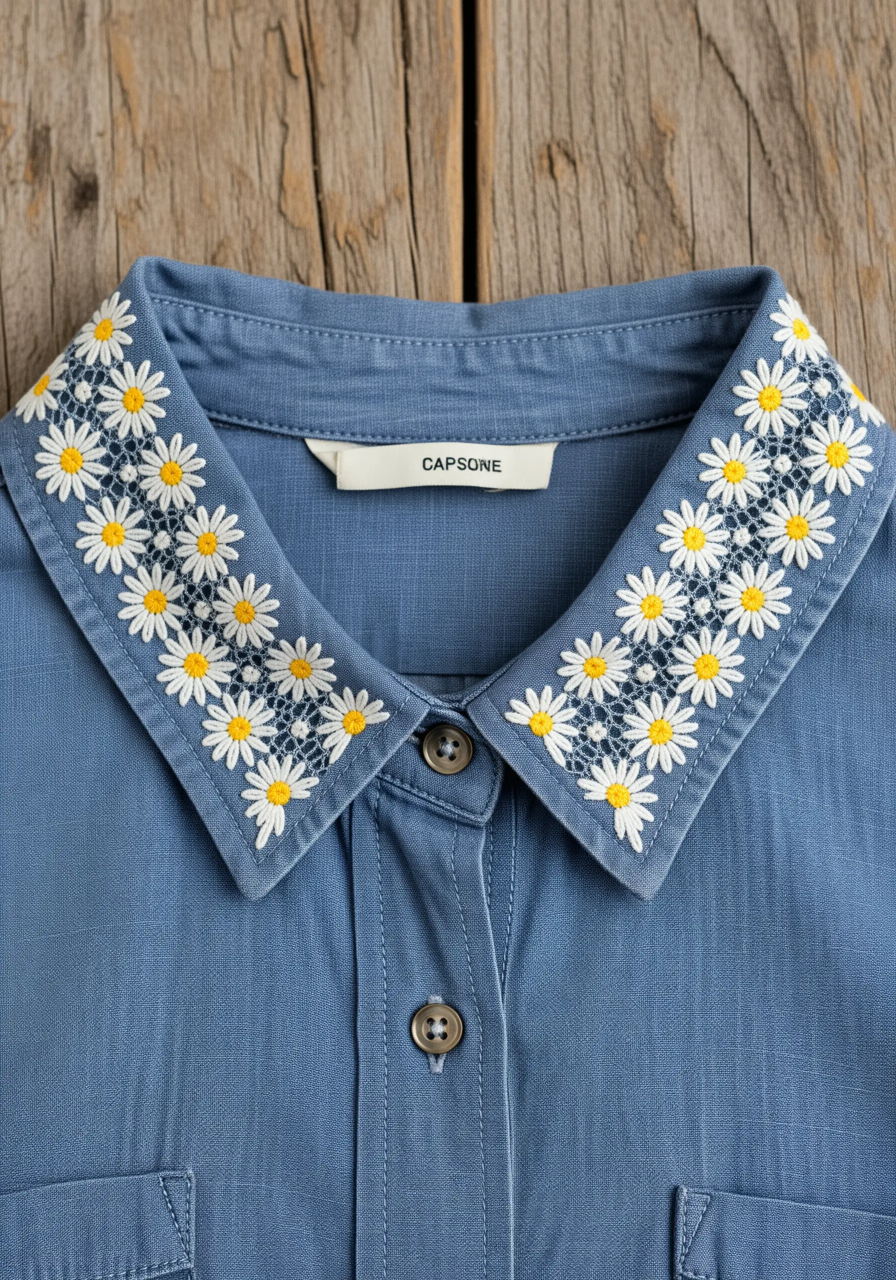 A dense pattern of embroidered white and yellow daisies covering a blue shirt collar