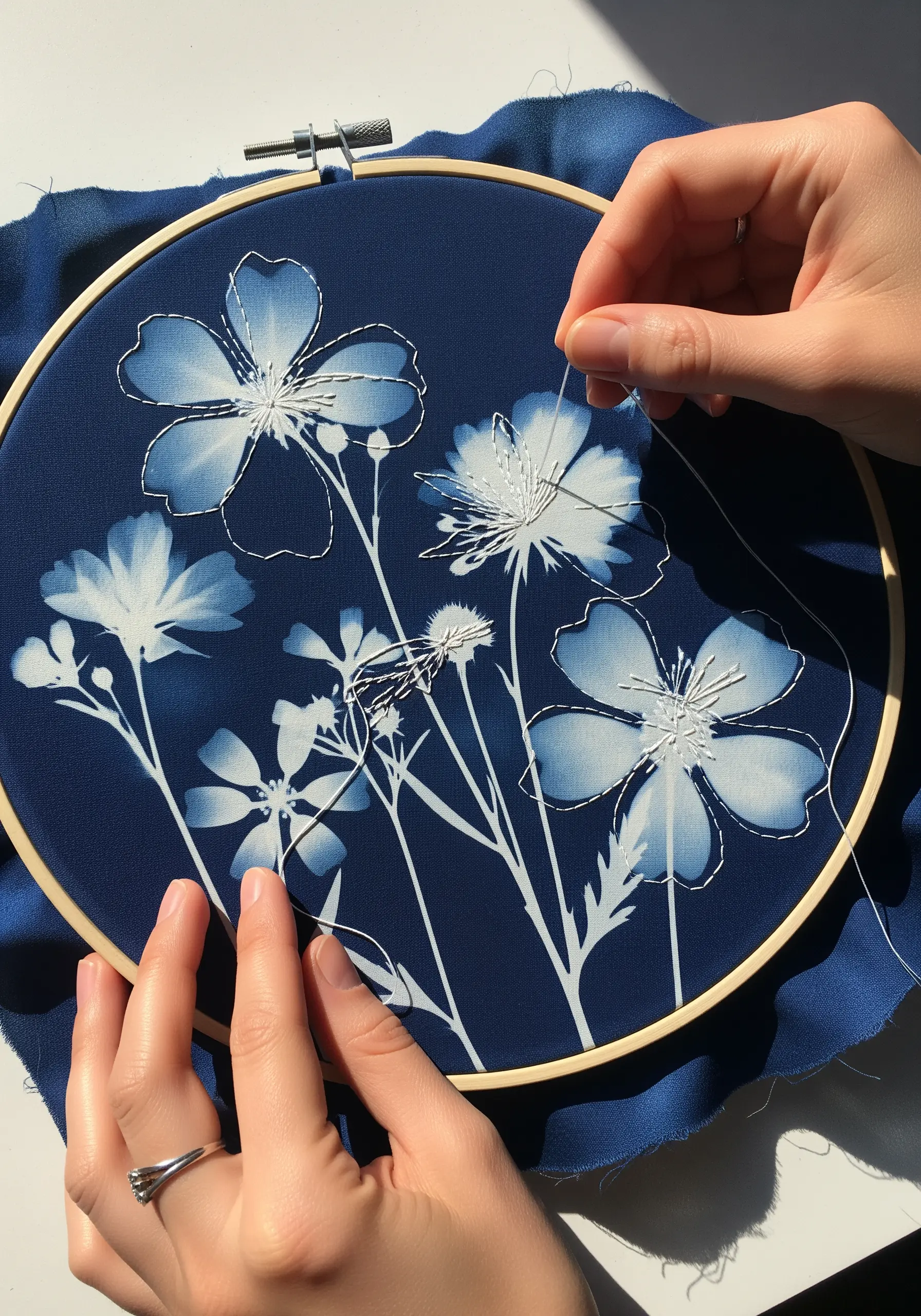 Hands embroidering white thread onto a blue and white cyanotype print of flowers.