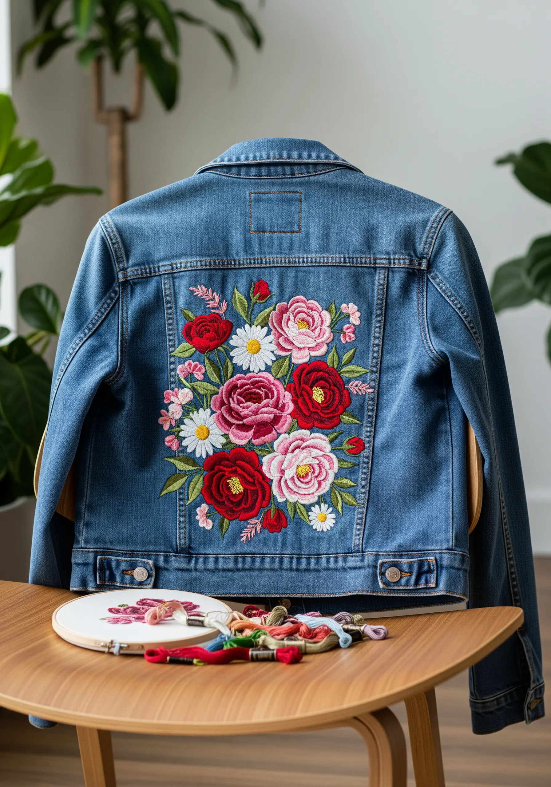 A large, colorful floral embroidery design on the back of a denim jacket.
