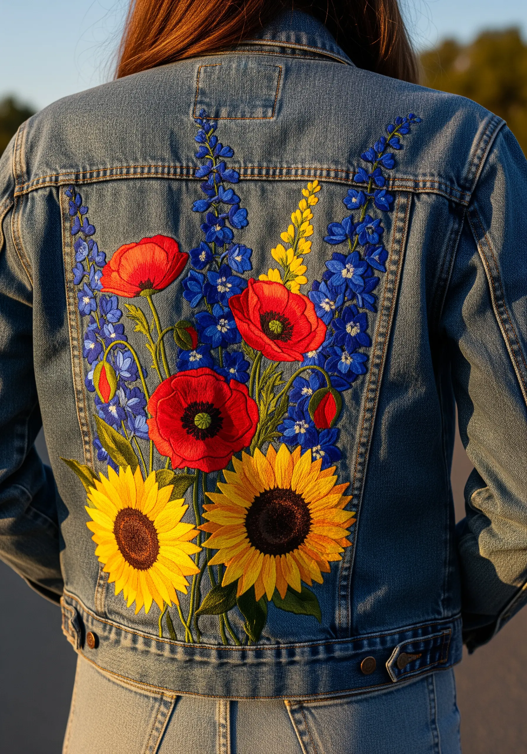 The back of a denim jacket featuring a large, colorful embroidered bouquet of wildflowers.