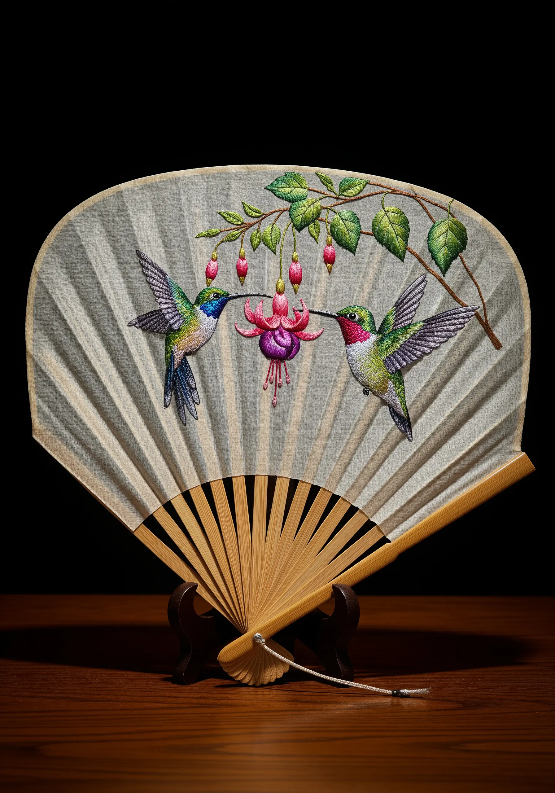 An elegant hand fan embroidered with two hummingbirds drinking from a fuchsia flower.