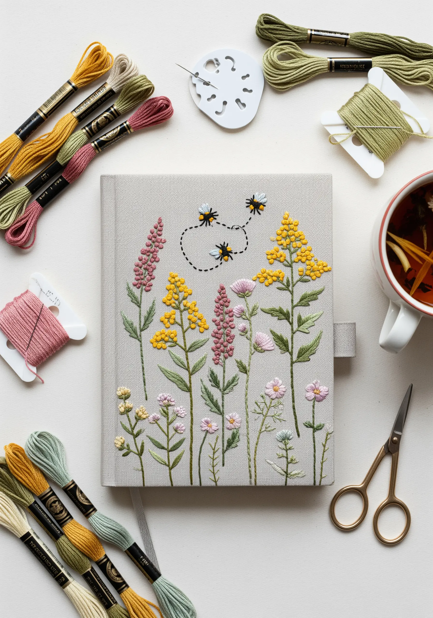 An embroidered journal cover with a detailed scene of wildflowers and buzzing bees.