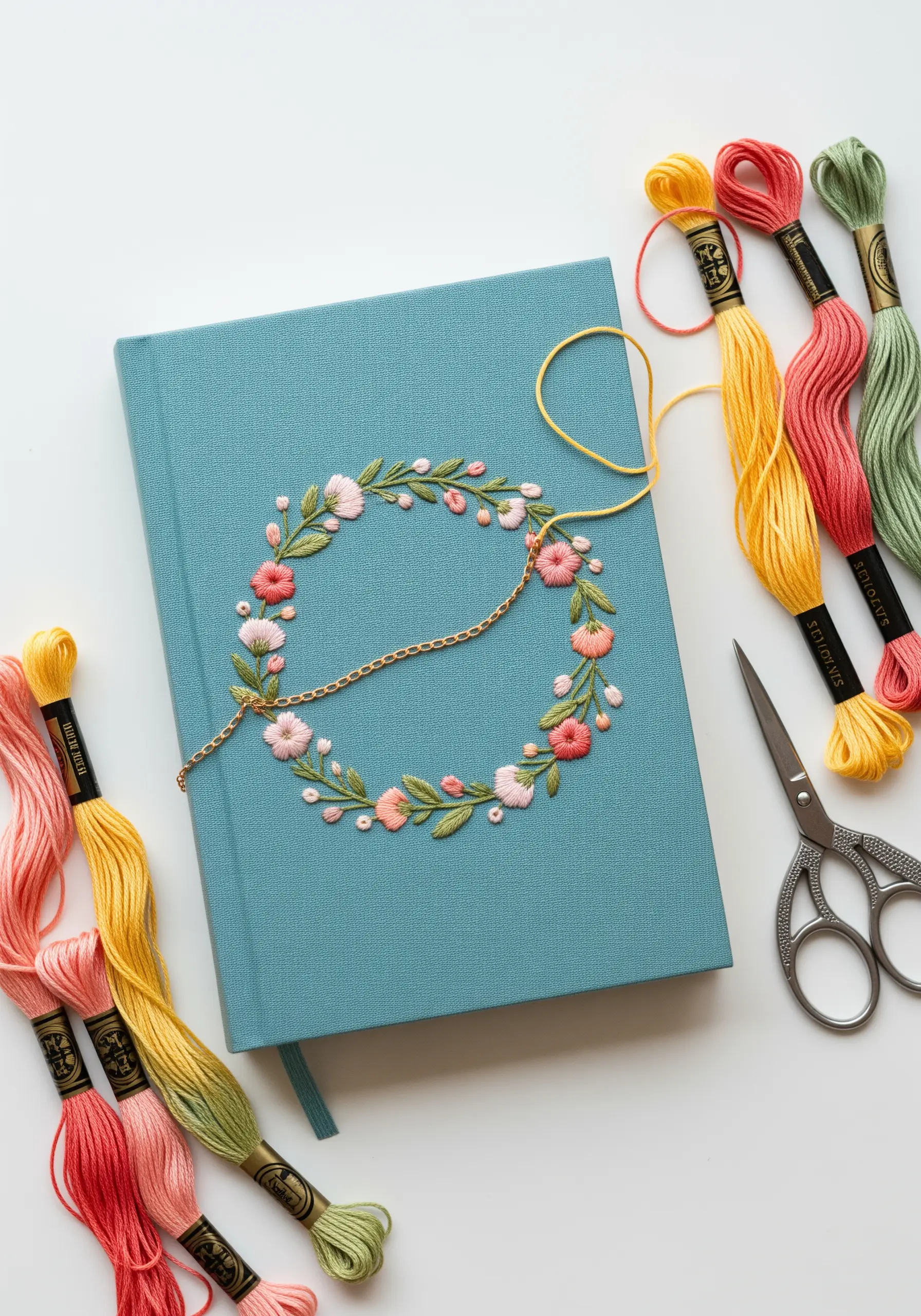 A floral wreath embroidered on a blue journal cover with a small gold chain.