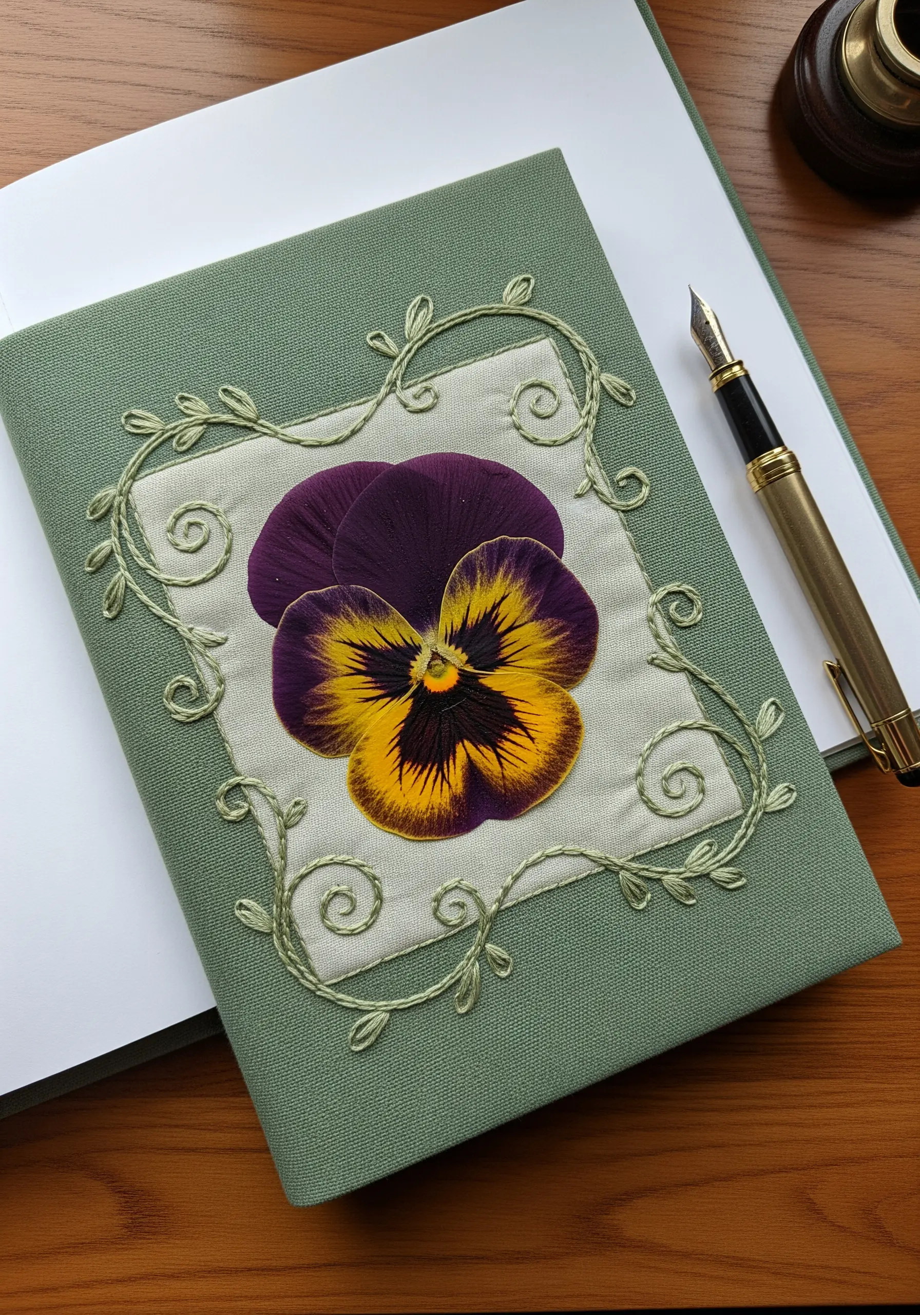 A pressed pansy on a journal, framed by a fabric patch and elegantly stitched green vines.