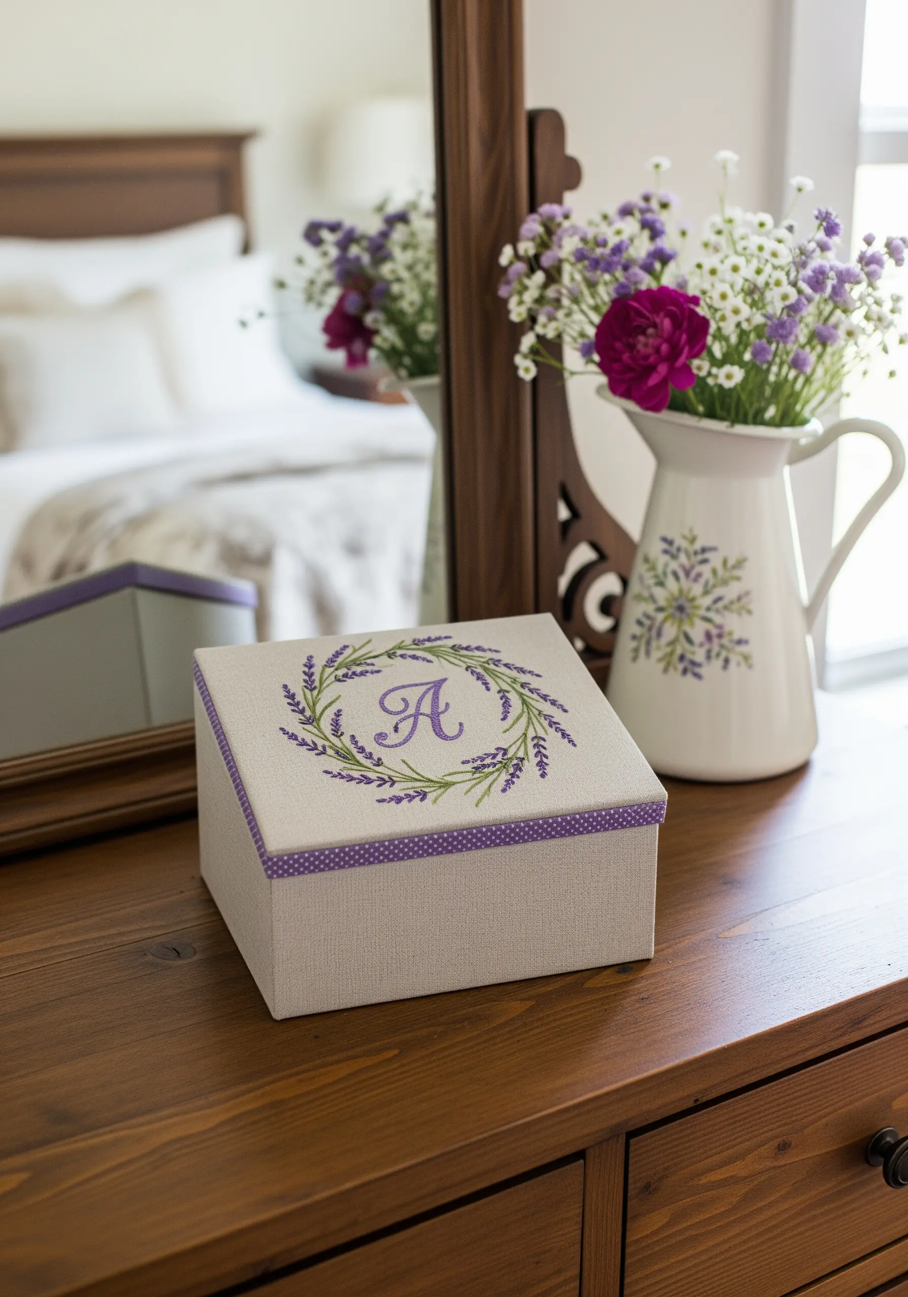 A fabric-covered keepsake box with a lid embroidered with a lavender wreath and a central monogram.