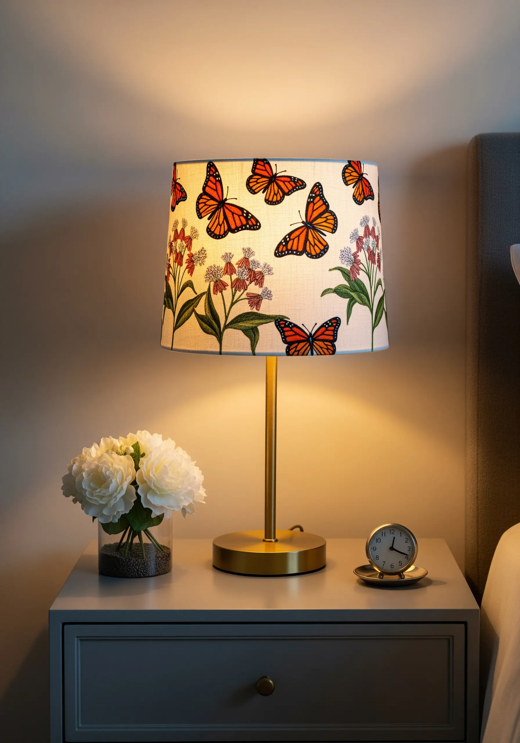 A fabric lampshade embroidered with vibrant monarch butterflies and delicate floral stems.