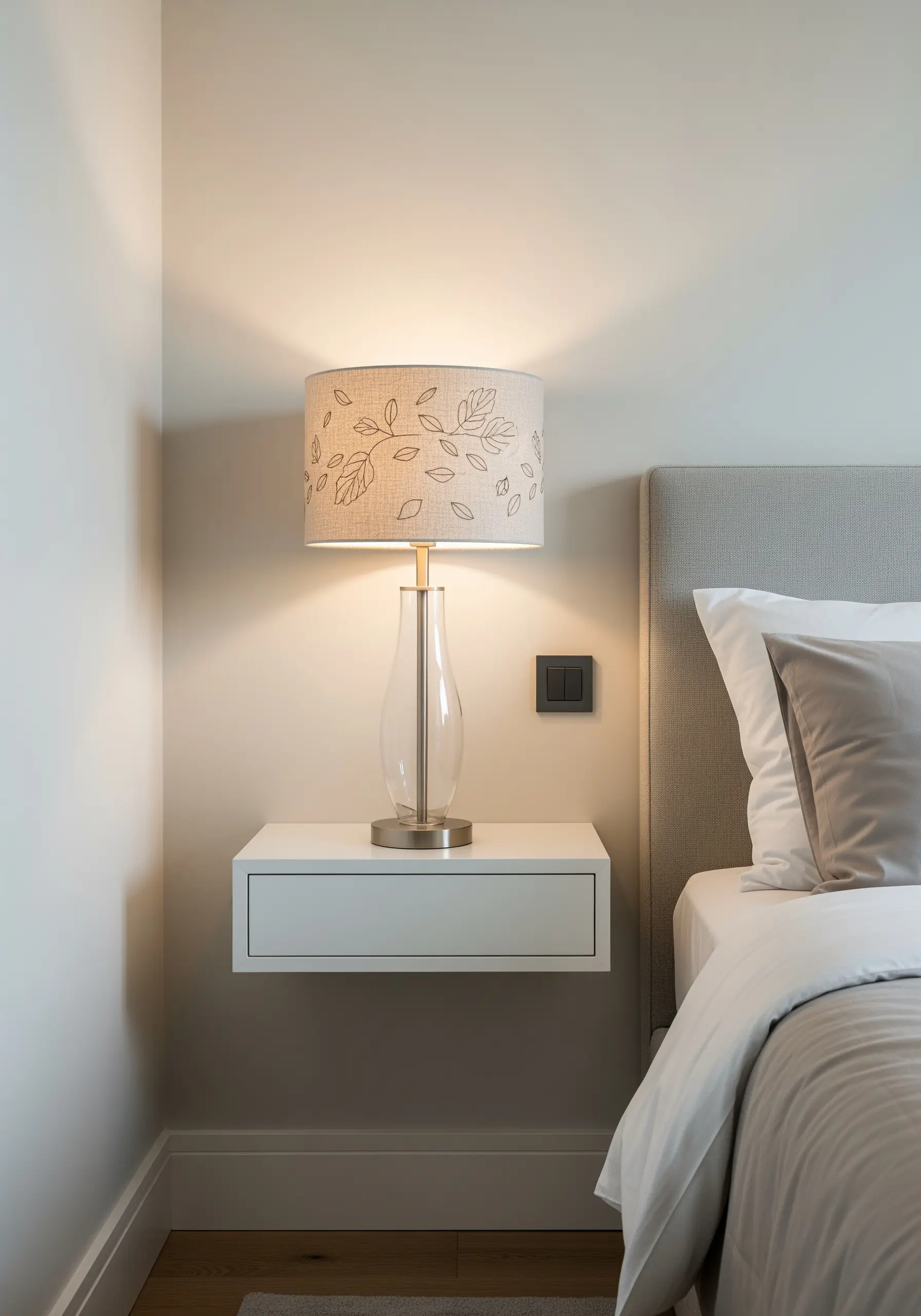 A linen lampshade embroidered with a delicate, continuous line-art pattern of leaves.