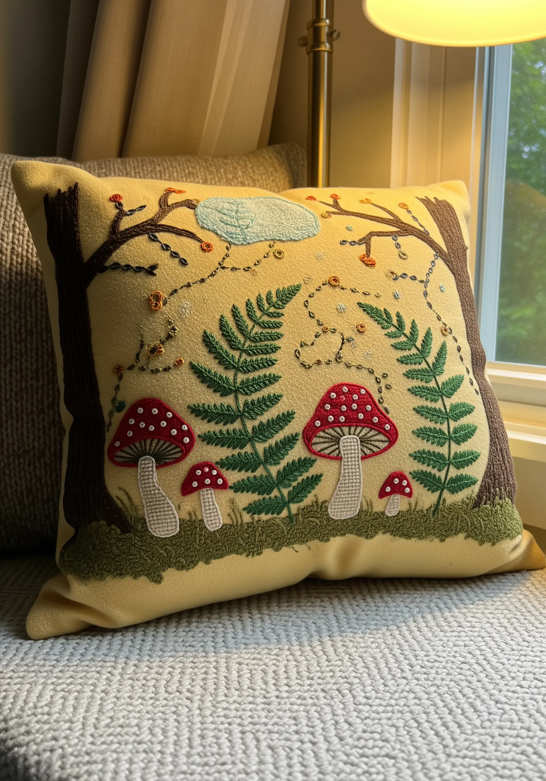 Embroidered pillow with a woodland scene featuring ferns, mushrooms, and beadwork.