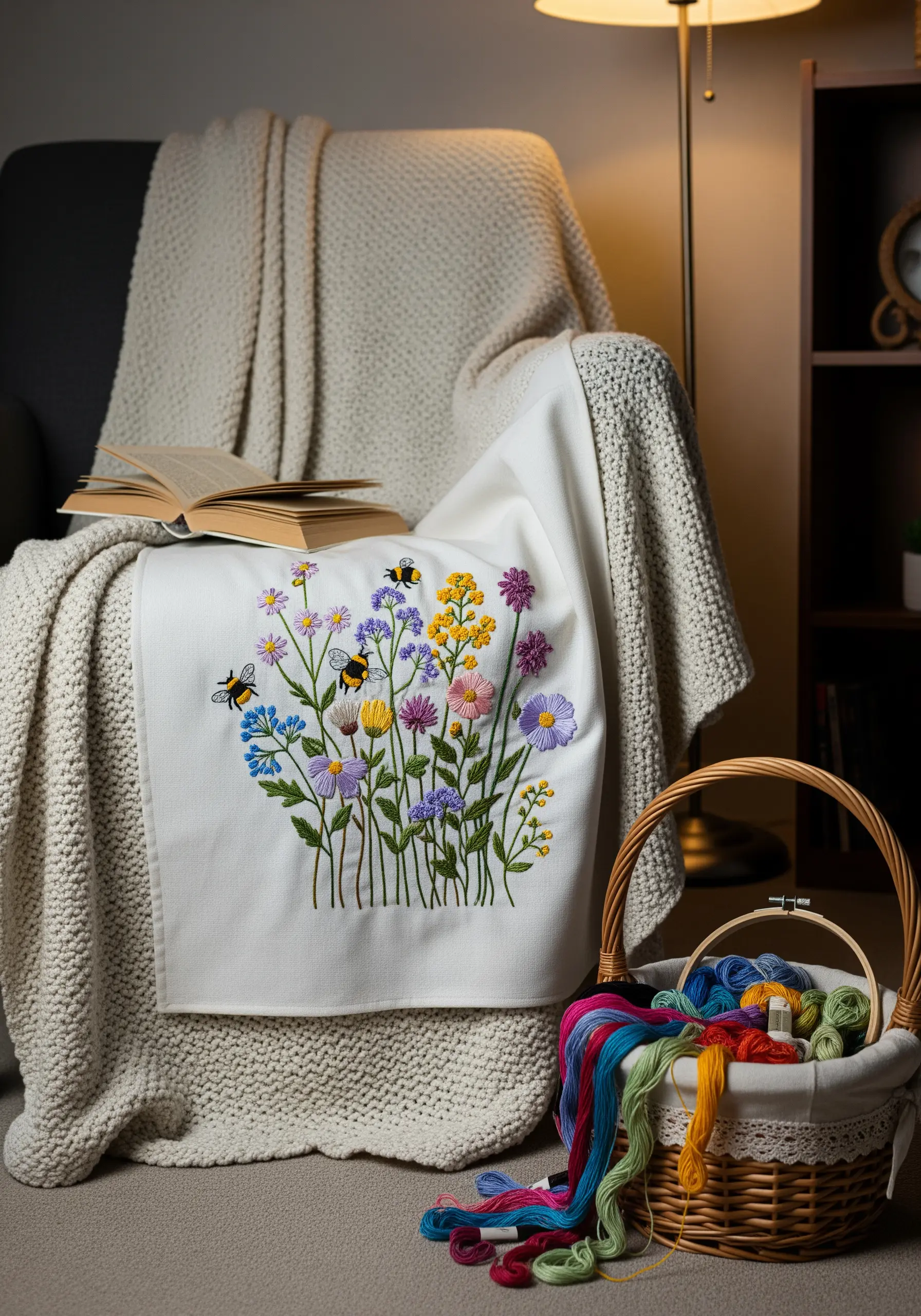 A colorful embroidered wildflower and bee scene on the corner of a white blanket.