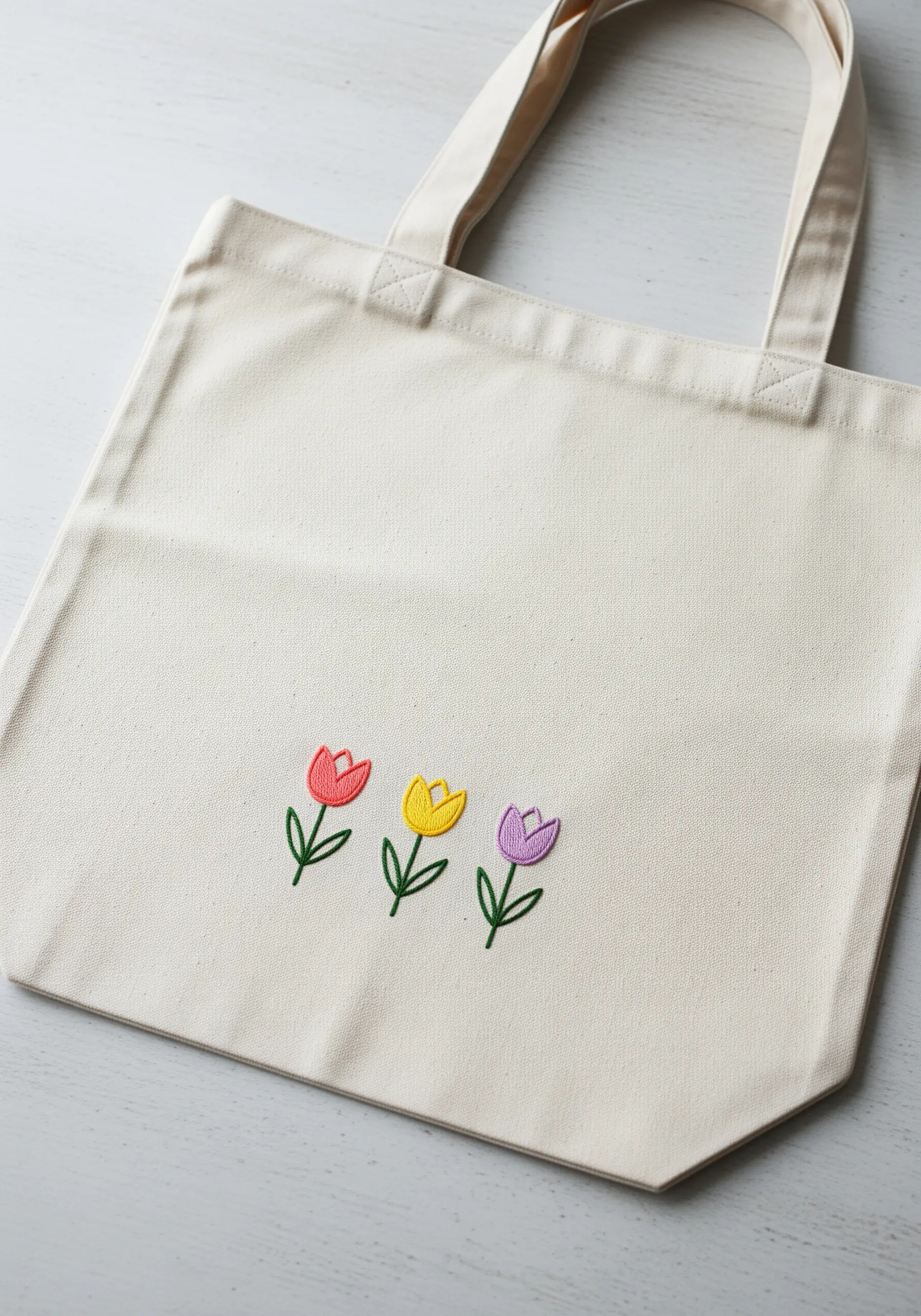 Three simple satin-stitched tulips in red, yellow, and purple on a canvas tote bag.