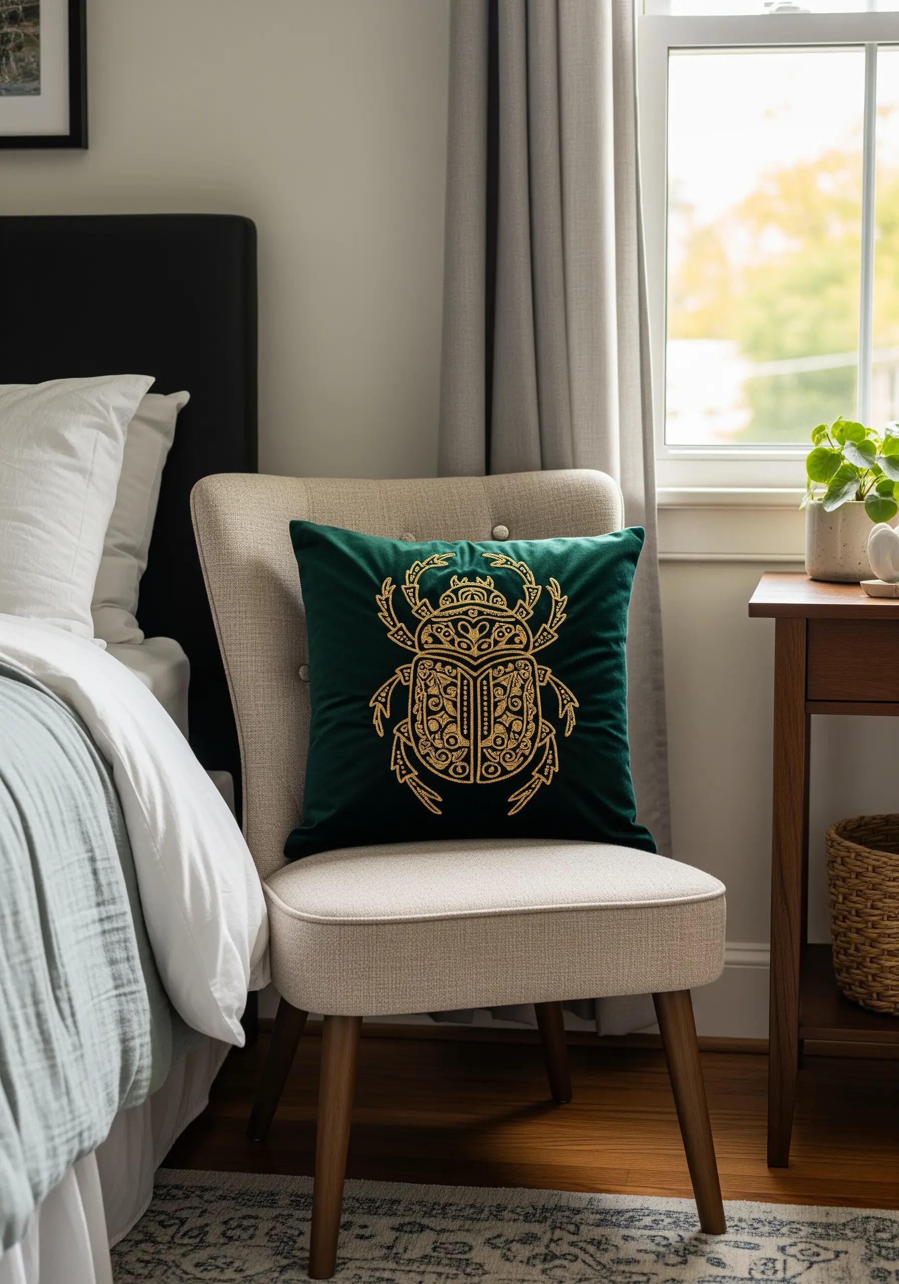 A dark green velvet cushion embroidered with an ornate, stylized scarab beetle in gold thread.