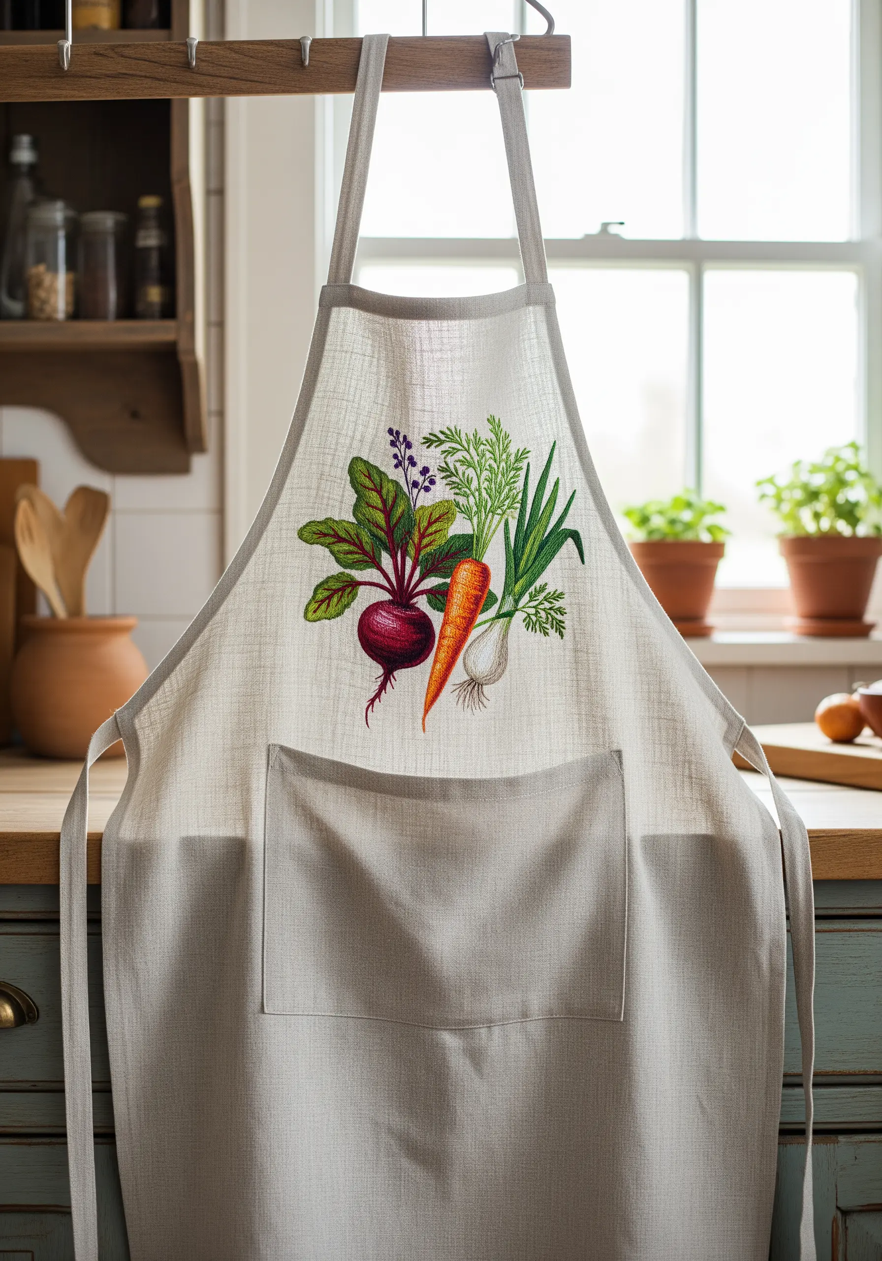A linen apron with a large, realistic embroidery of root vegetables like beets, carrots, and onions.