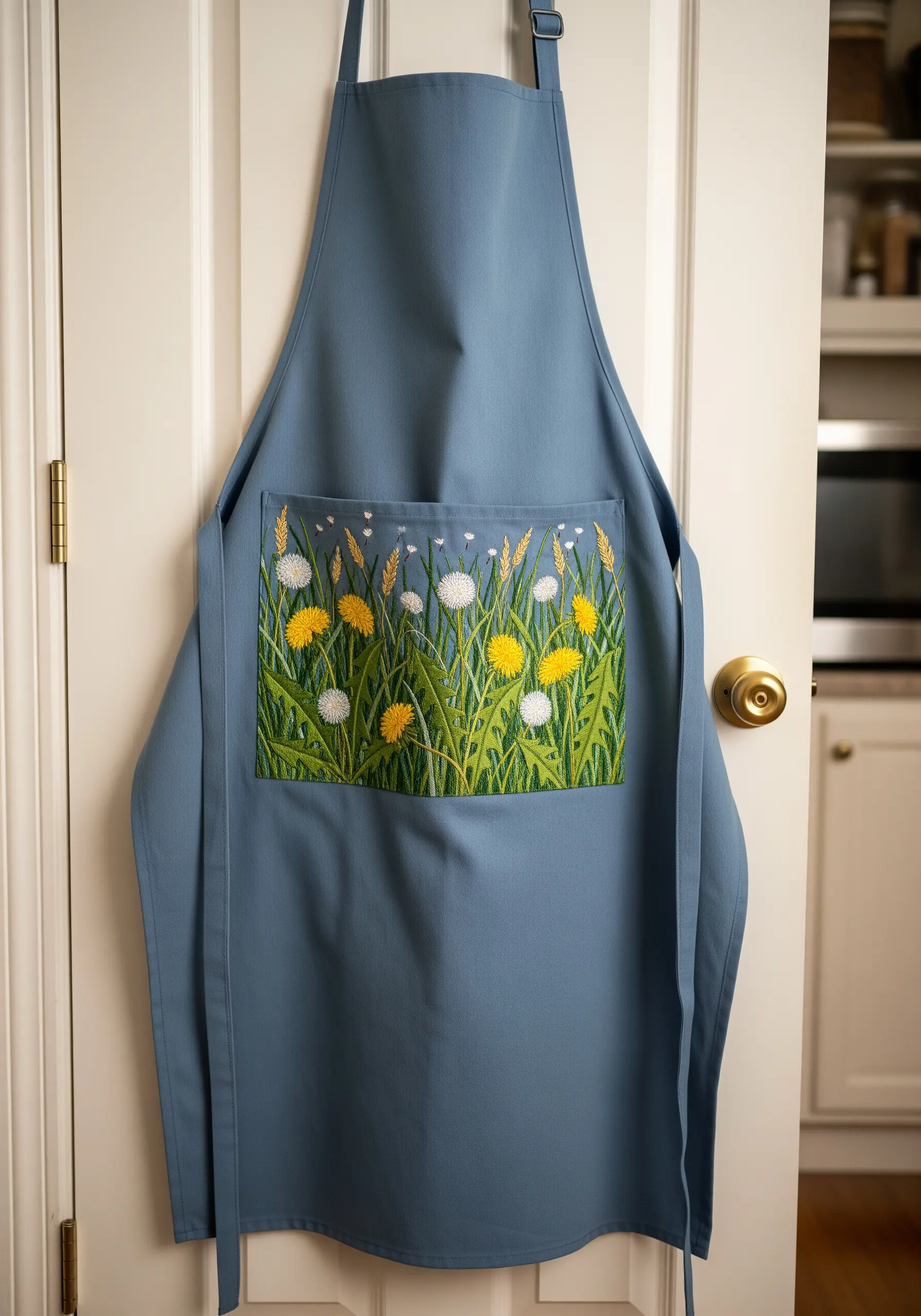 Detailed embroidery of a dandelion meadow contained within the pocket of a blue apron.