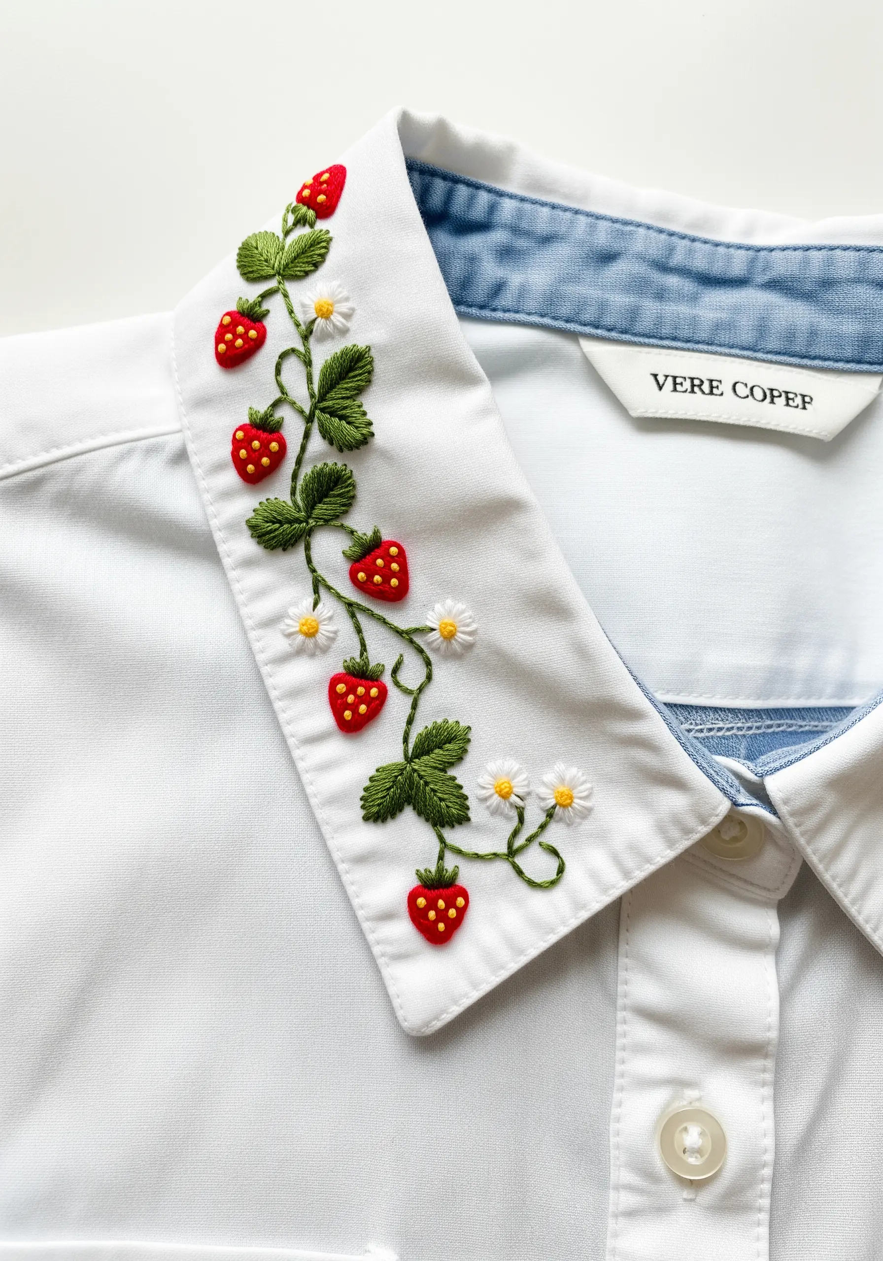 A white shirt collar embellished with a delicate vine of embroidered strawberries and flowers.