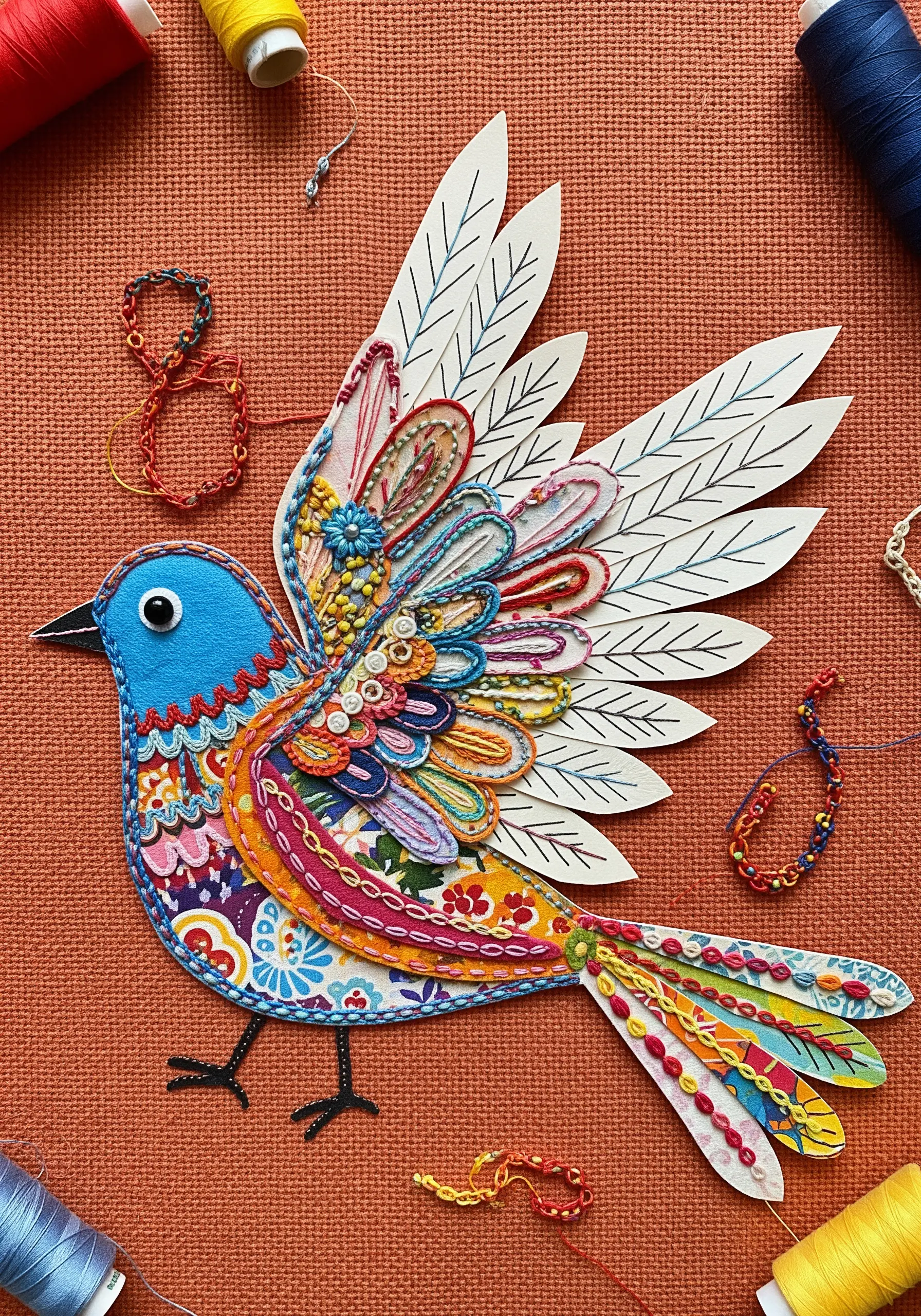 Colorful bird collage made from patterned fabric and embellished with dense, decorative embroidery.