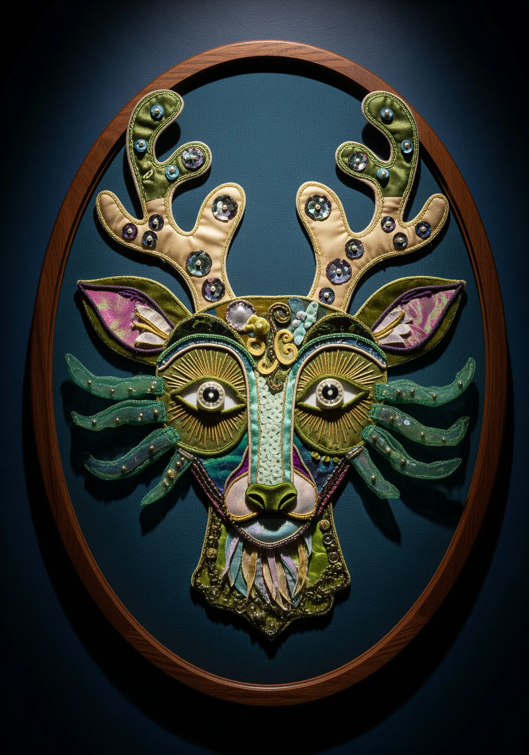 Fantastical deer mask made from fabric appliqué, embellished with green sequins and beads.