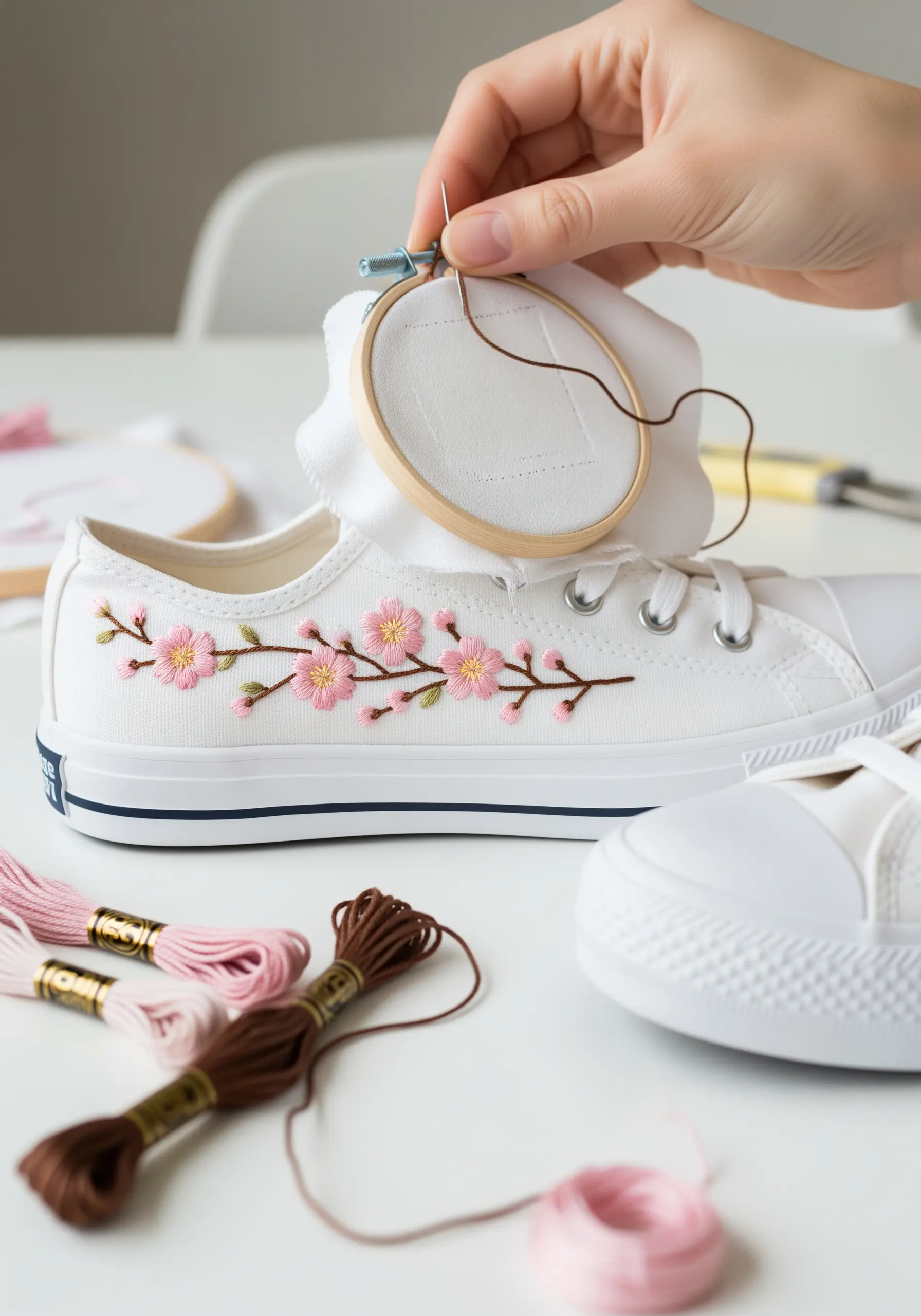 A hand embroidering a delicate cherry blossom branch onto the side of a white canvas shoe.