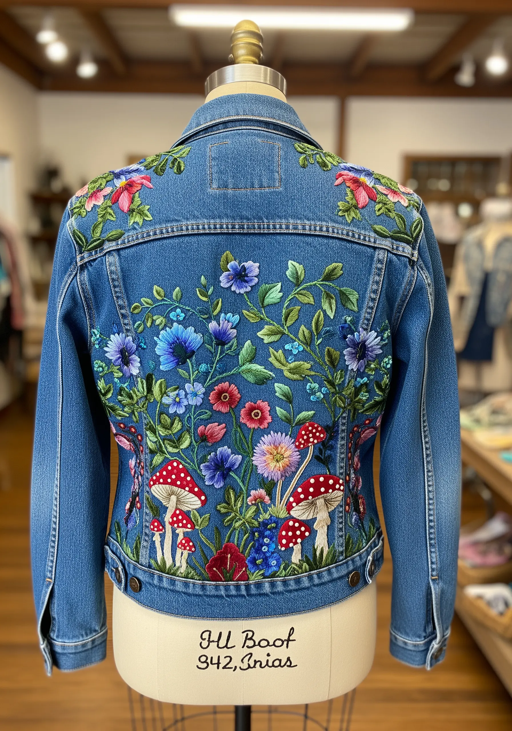Denim jacket back with dense floral and mushroom embroidery in vibrant colors.