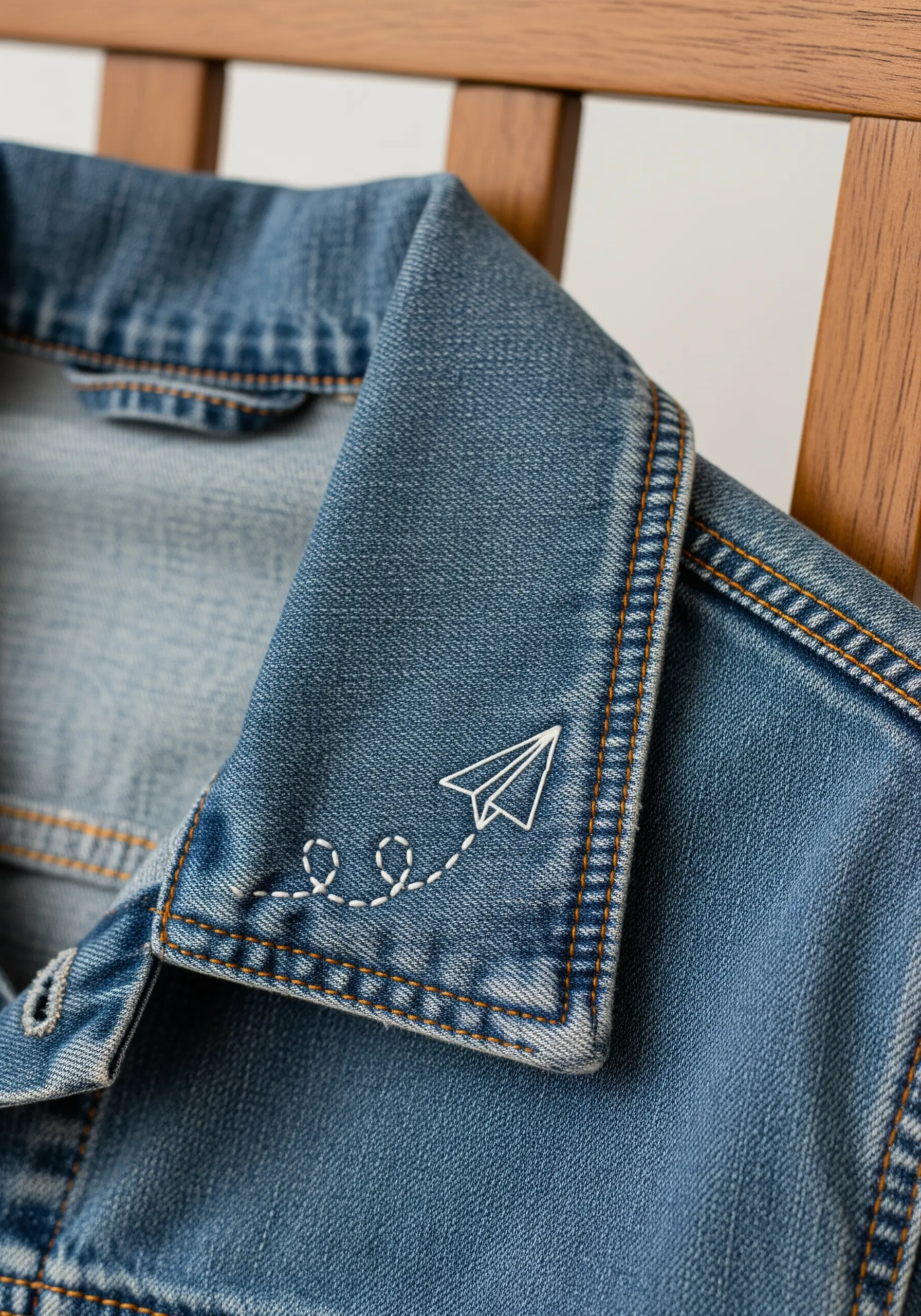 A tiny white paper airplane embroidered on the collar of a denim jacket.
