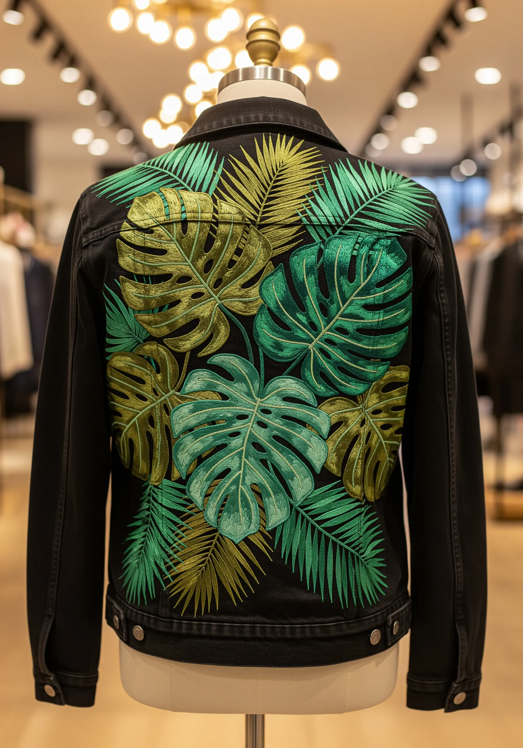 Back of a black denim jacket with large, lush embroidery of green and gold tropical leaves.