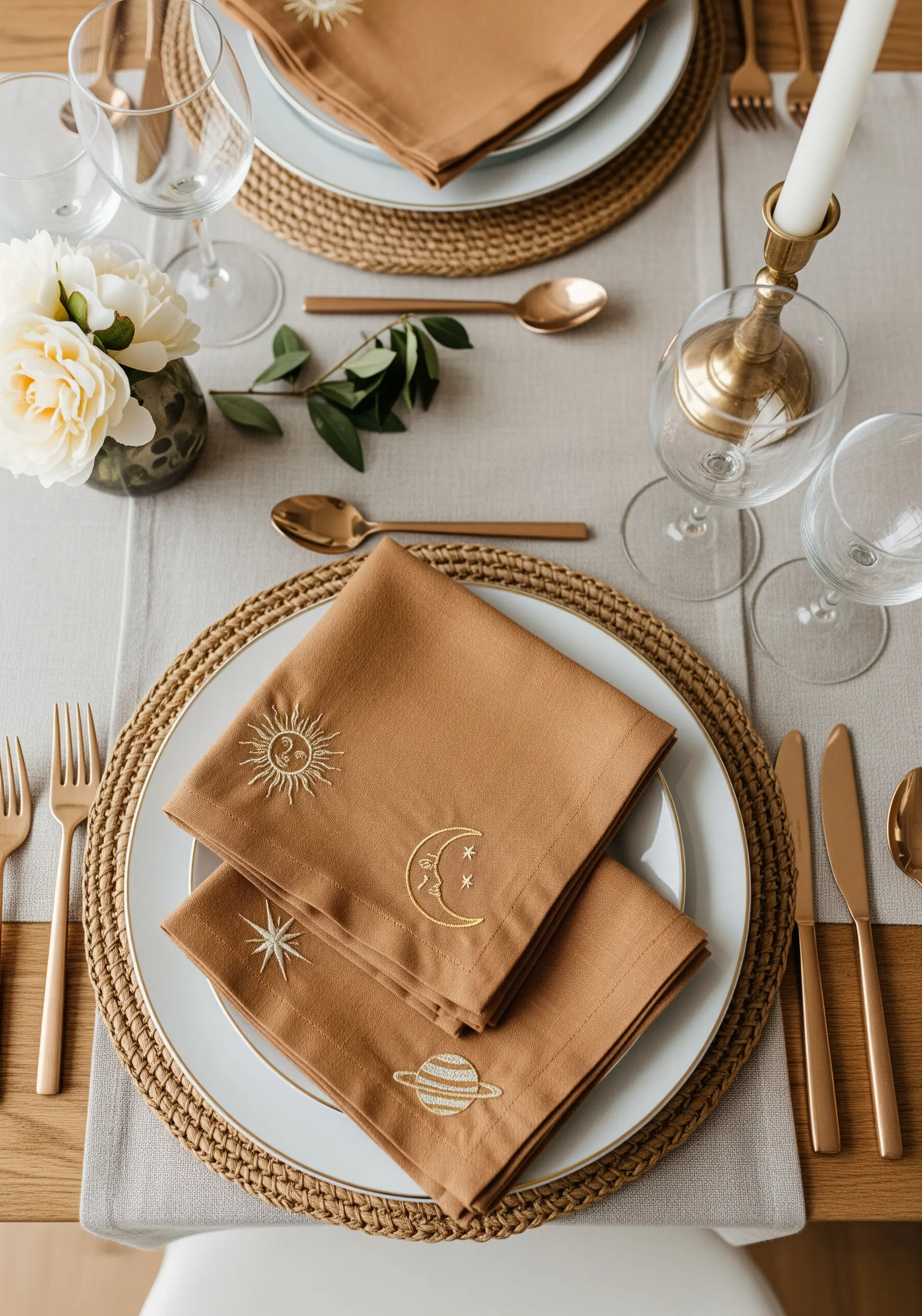 Rust-colored cloth napkins on a set table, each embroidered with a delicate gold celestial symbol.