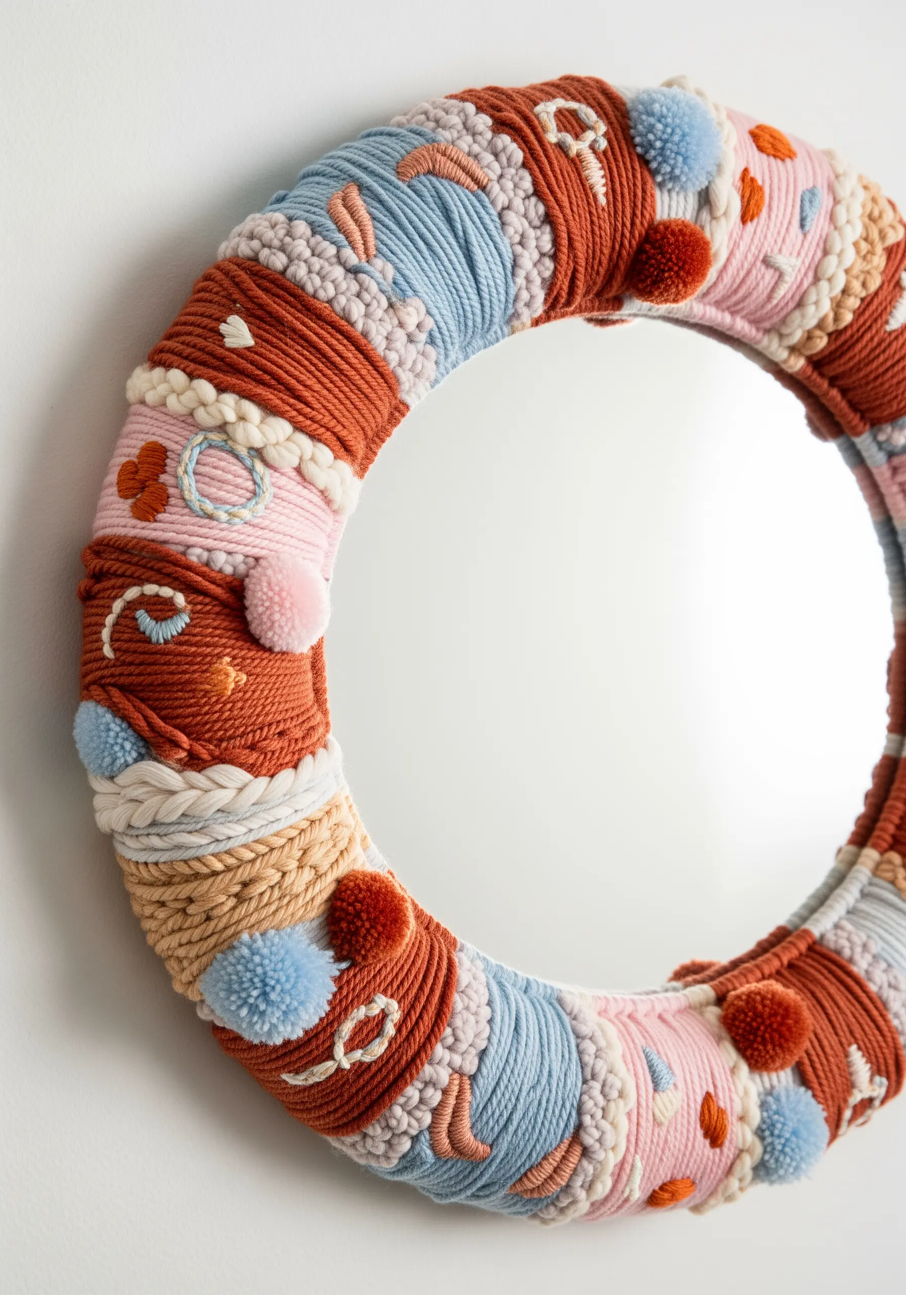 A round mirror framed with wrapped yarn in terracotta and blue, with pom-poms.