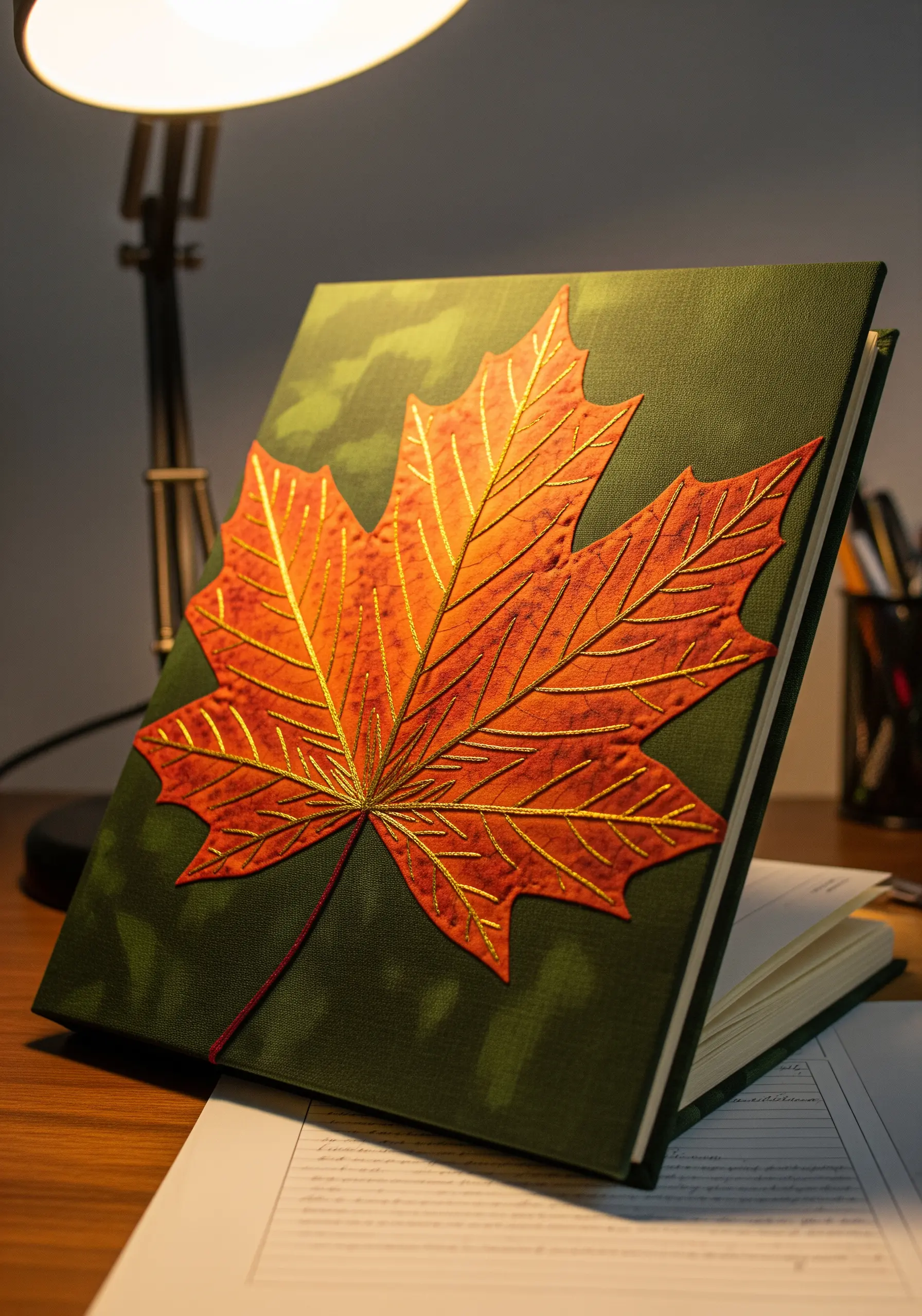 A journal cover with a fabric appliqué maple leaf detailed with gold embroidered veins.