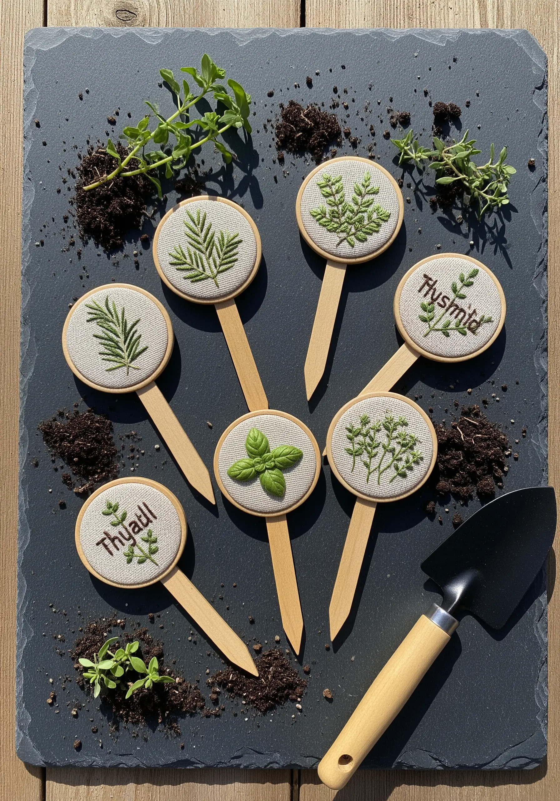 A set of embroidered herb garden markers for rosemary, thyme, and basil, displayed on a slate slab.