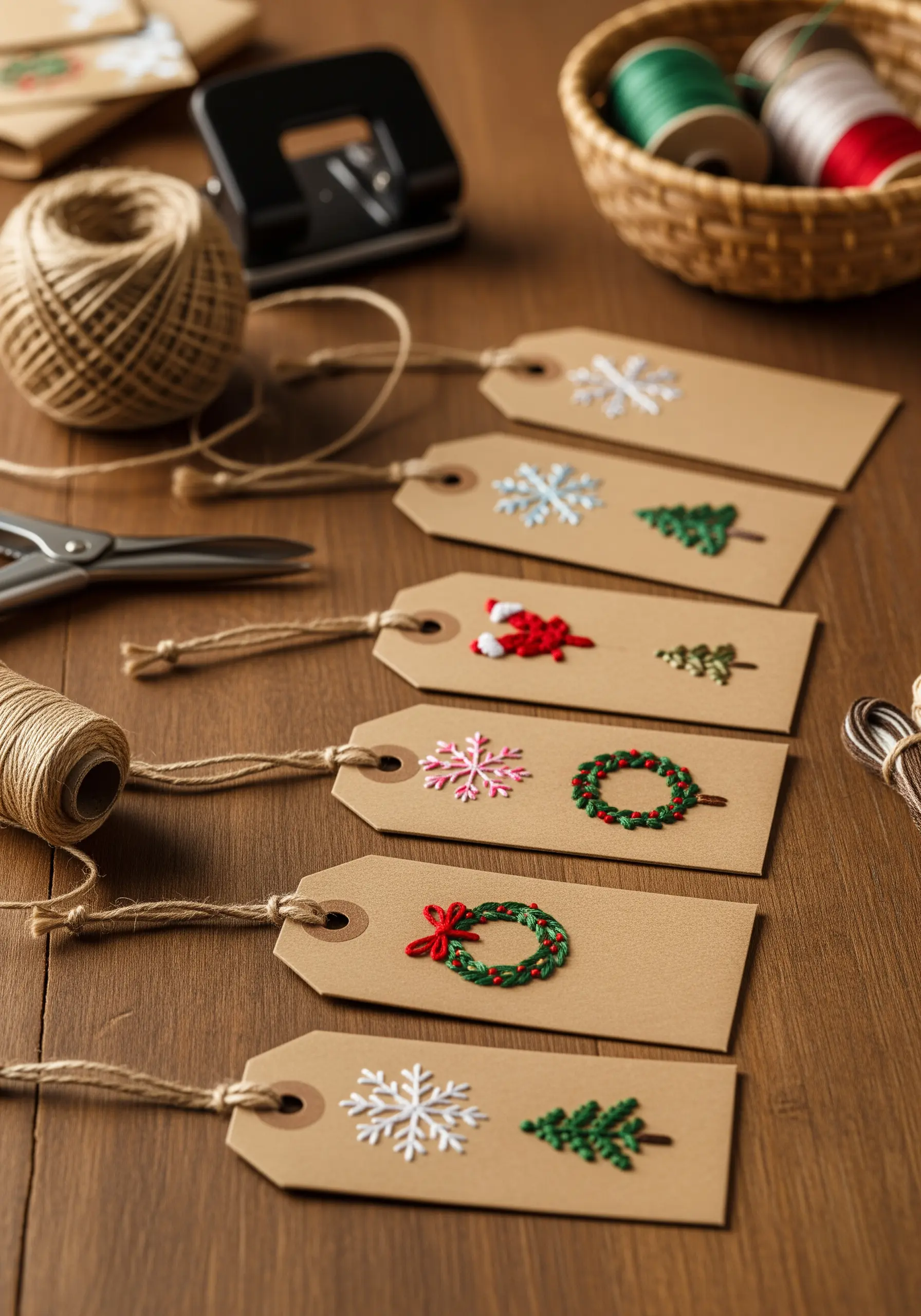 Kraft paper gift tags decorated with small, festive embroidered motifs like wreaths and snowflakes.
