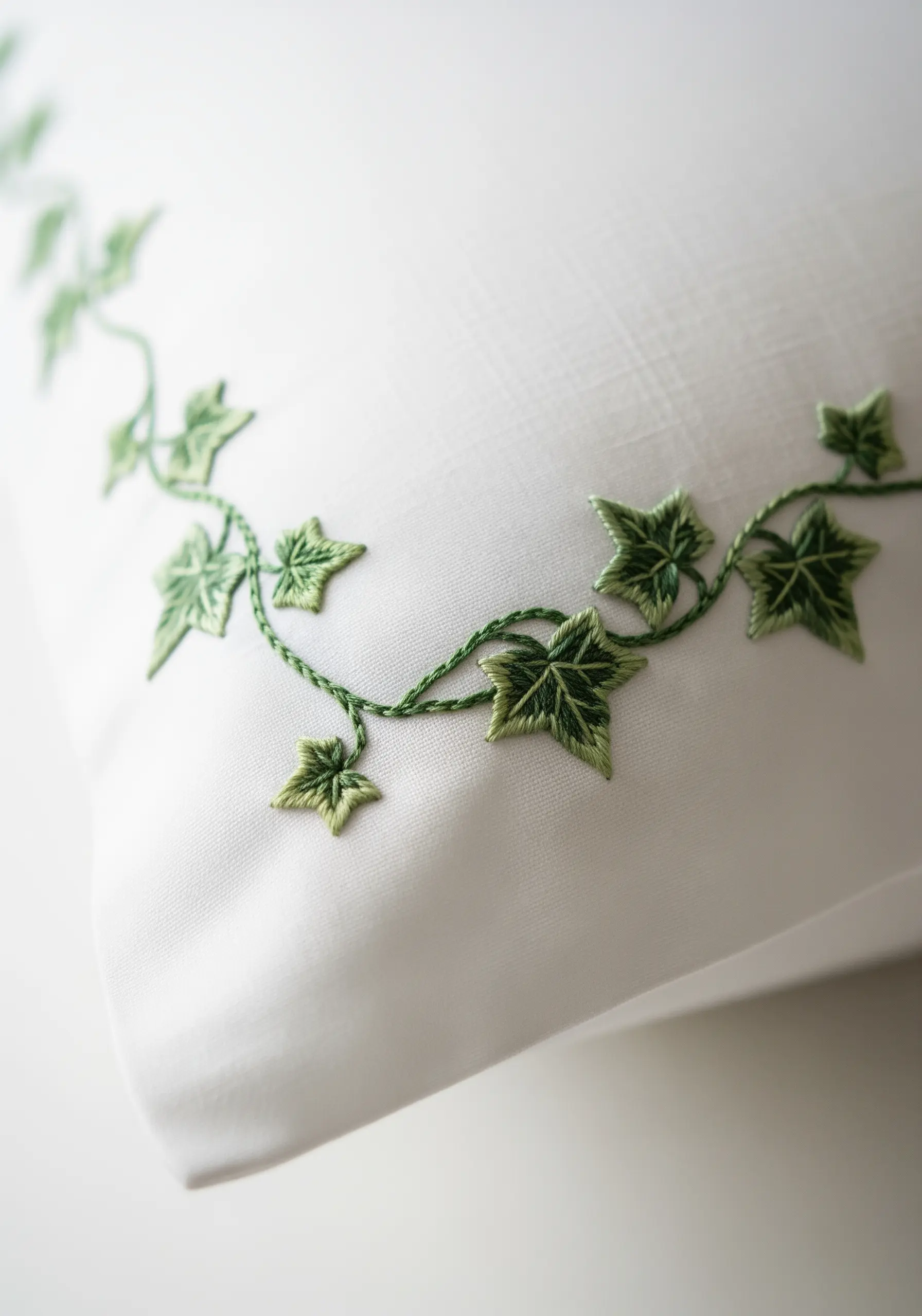 A green embroidered ivy vine trailing across the edge of a white pillowcase.