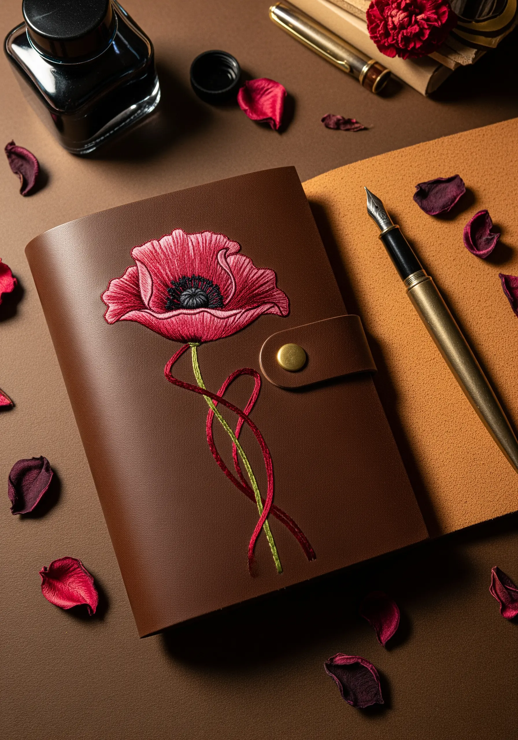 A leather-bound journal embellished with a large, beautifully shaded red poppy embroidery.