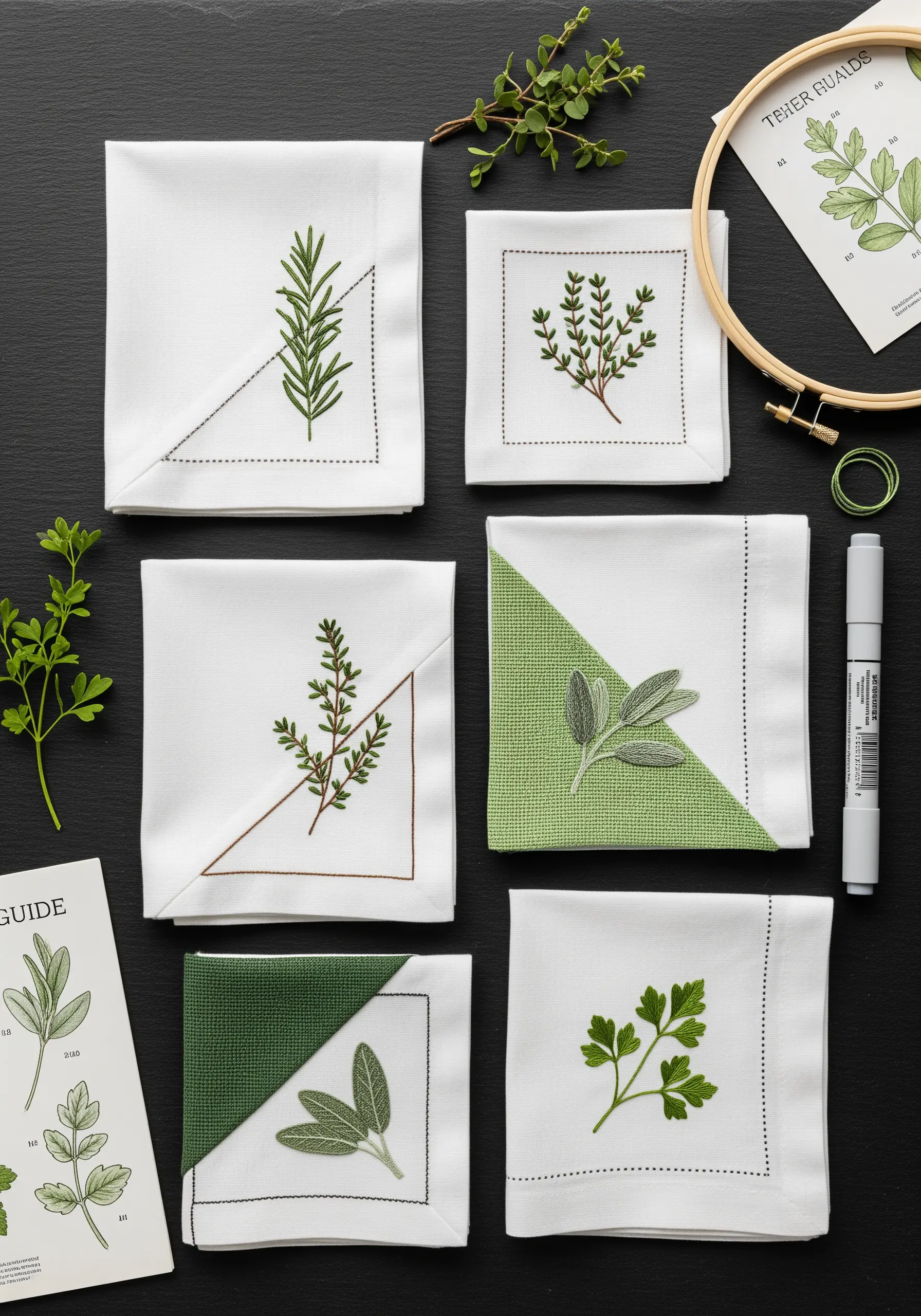 A set of white napkins embroidered with delicate green herb motifs like rosemary and sage.