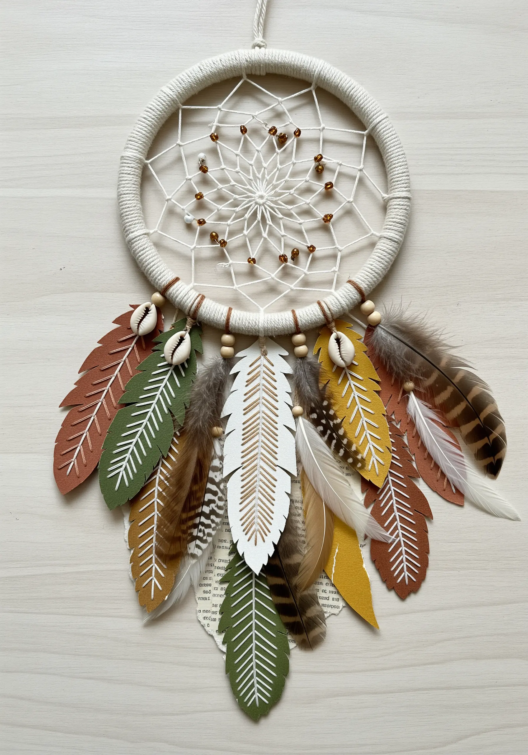 A dreamcatcher with paper feathers that have been embellished with white stitched details.