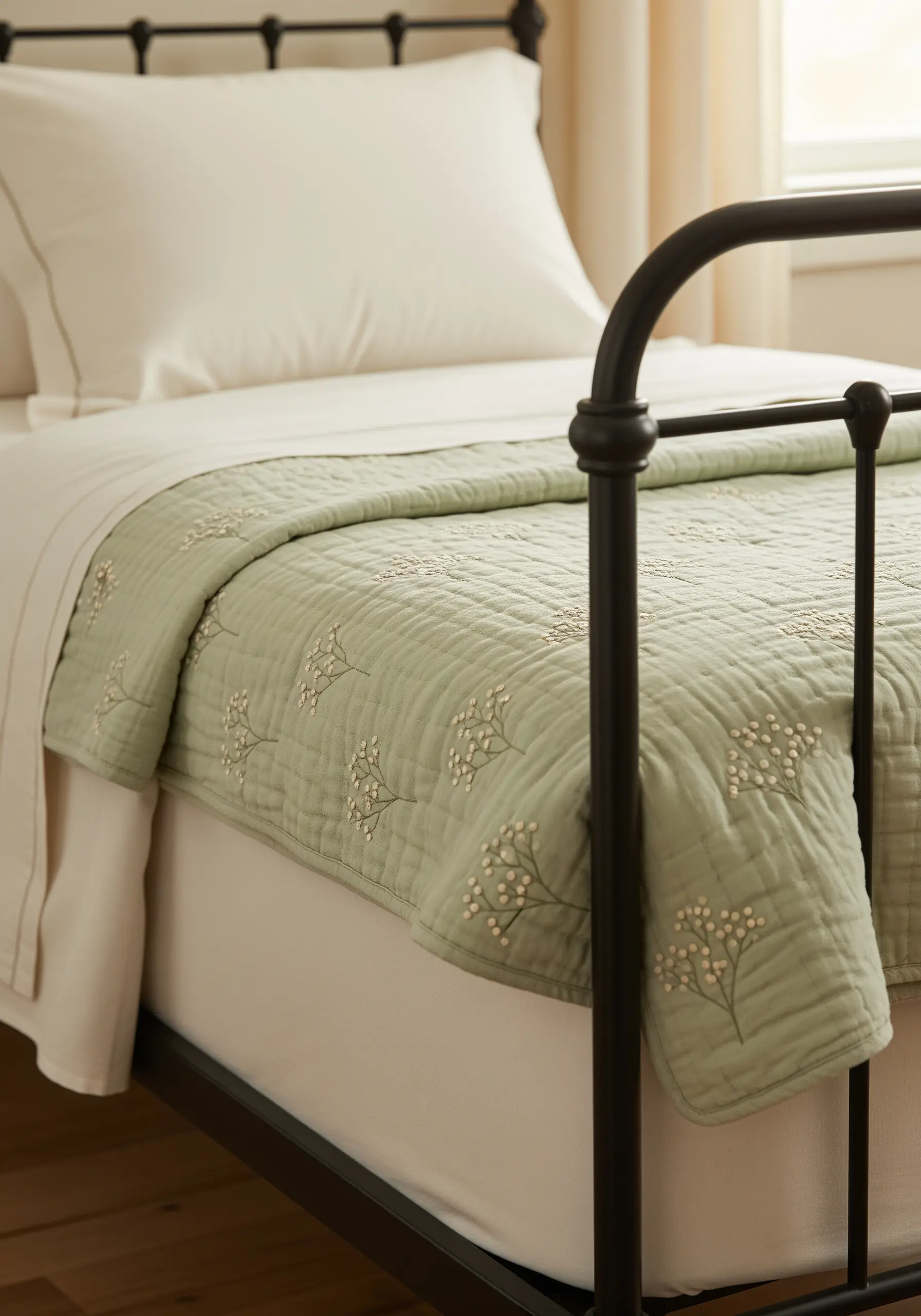 Delicate white floral sprays embroidered onto a sage green quilted bedspread.