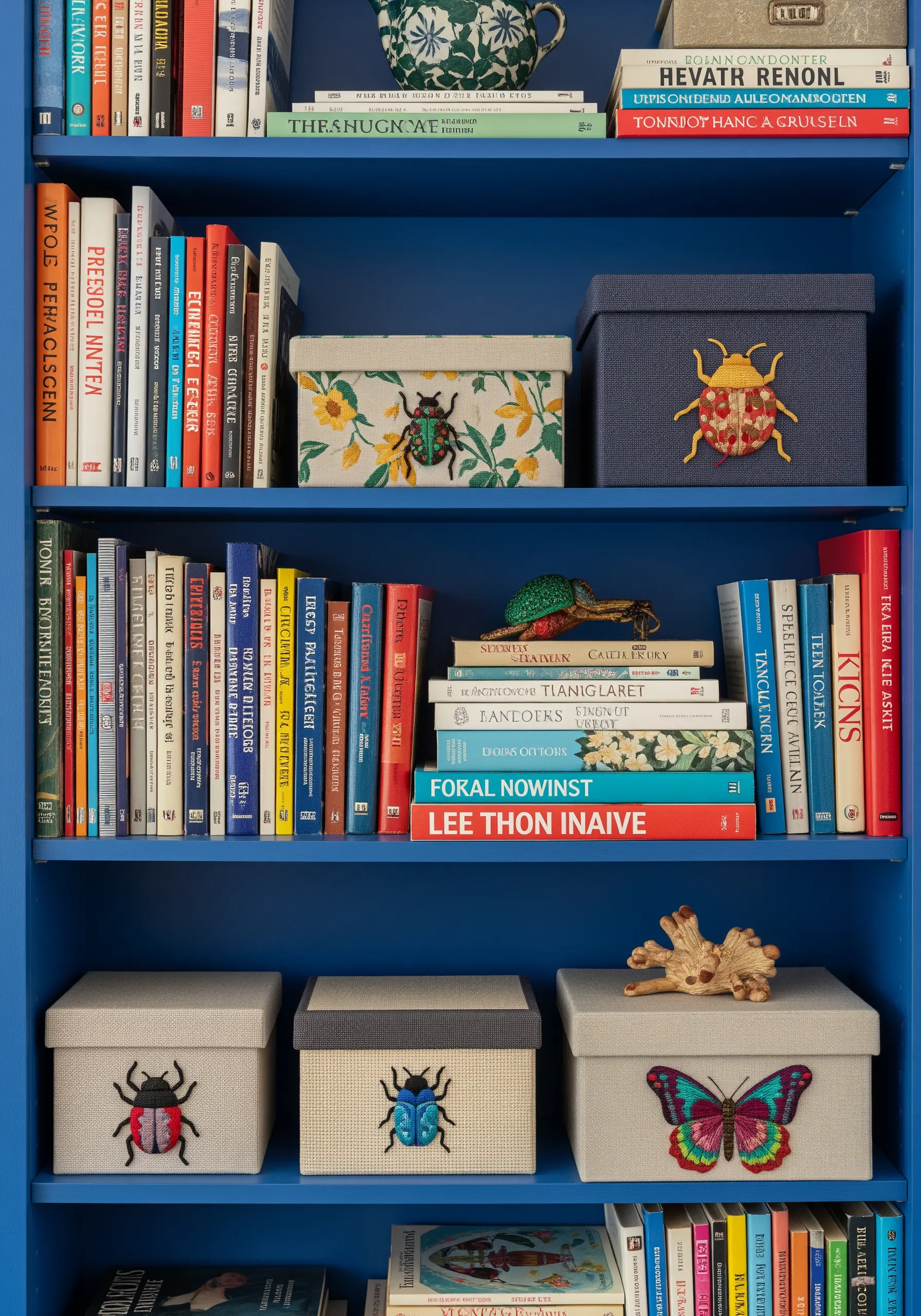 Multiple fabric-covered boxes on a blue shelf, each embroidered with a detailed, colorful insect.
