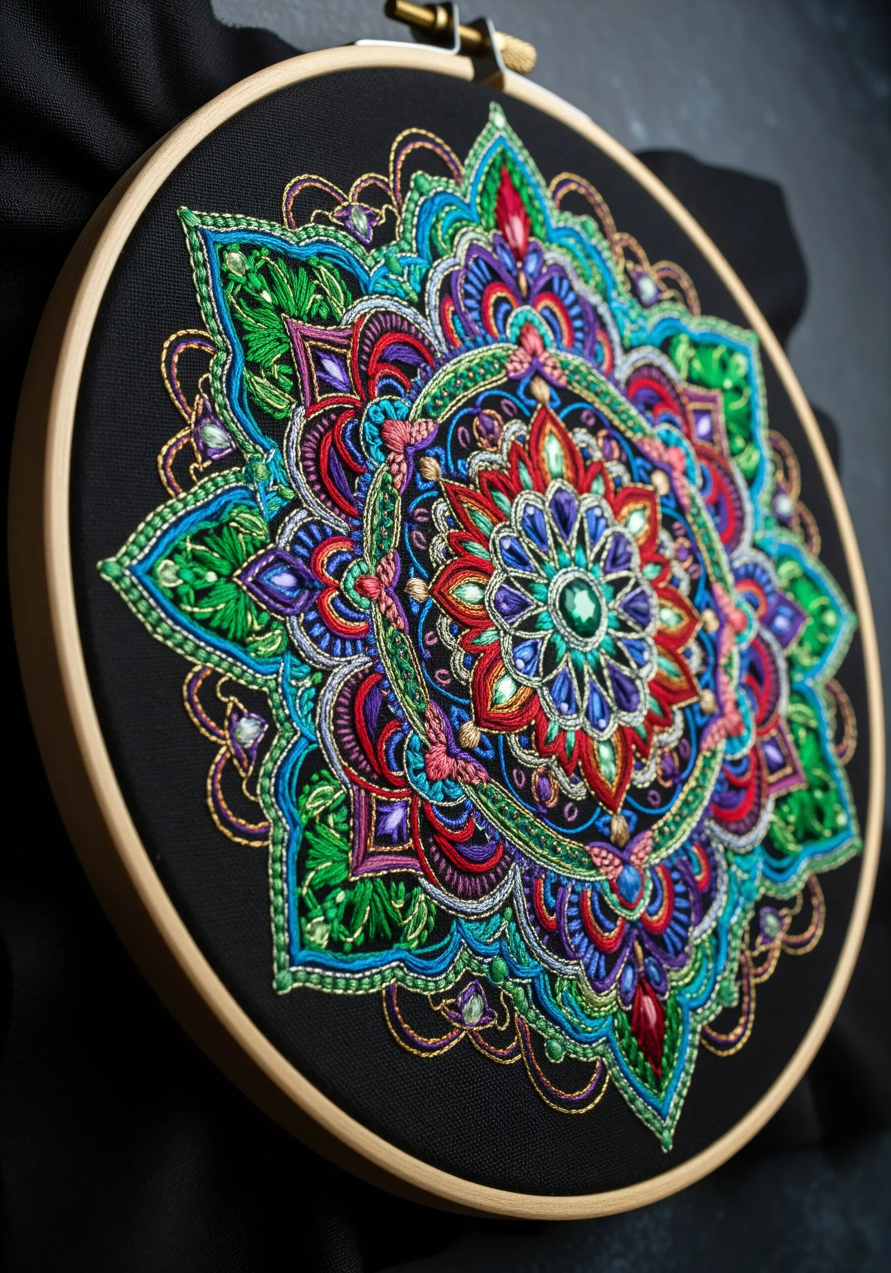 Intricate, colorful mandala on black fabric, heavily embellished with beads, crystals, and gold thread.