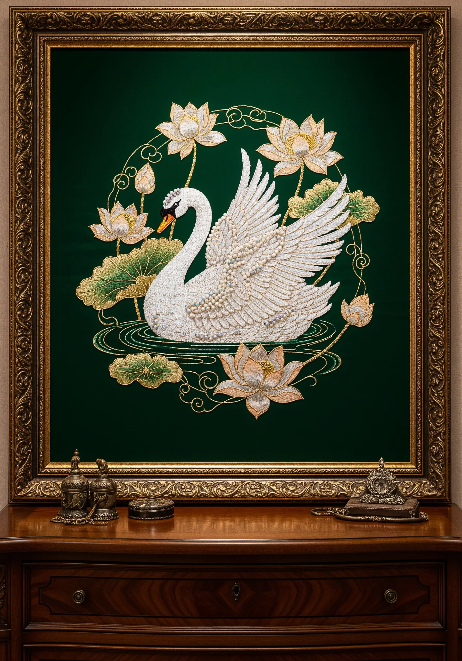 An ornate embroidered swan on green velvet, embellished with white pearls on its wings.