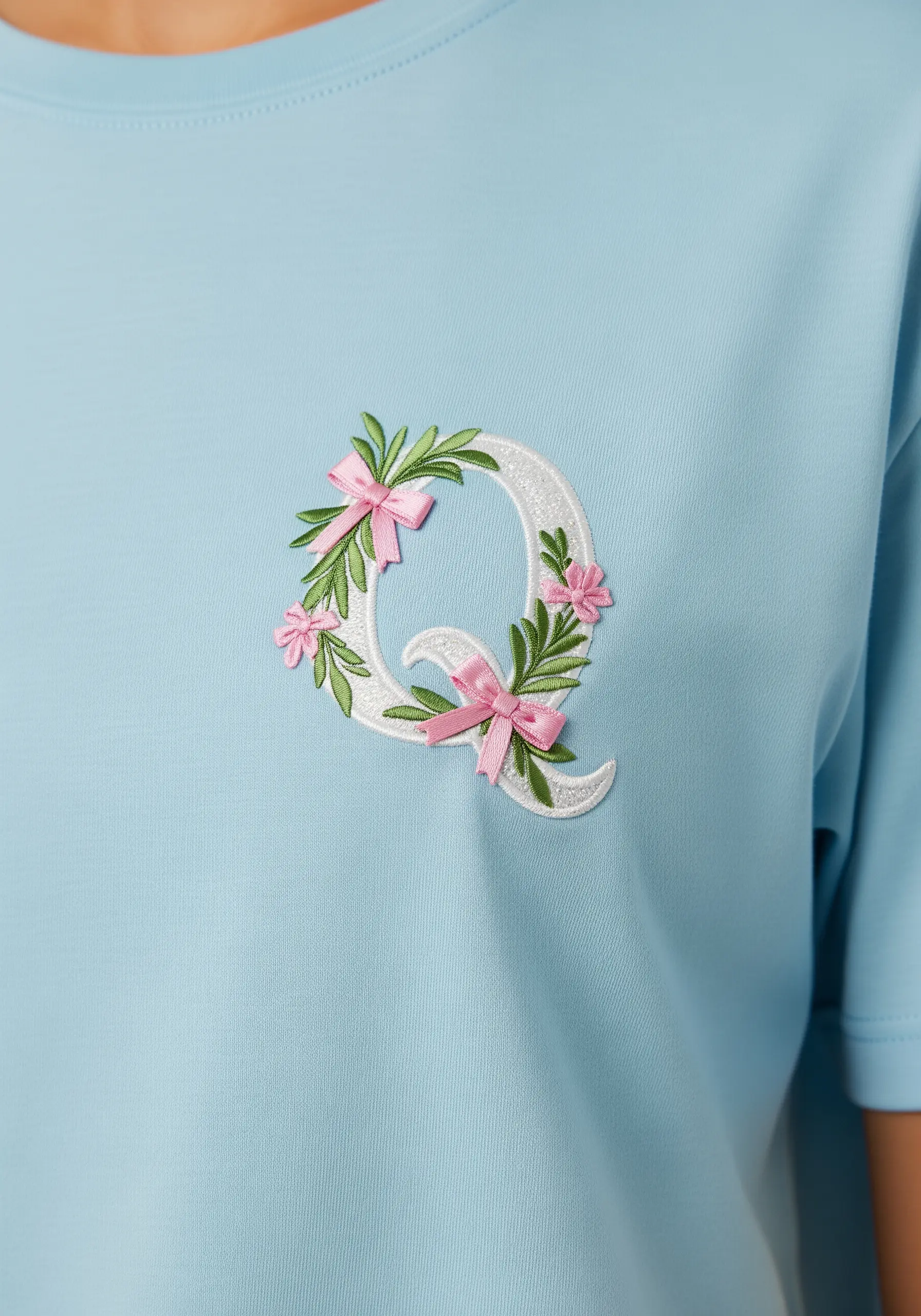 A white letter 'Q' adorned with embroidered green leaves and tiny, delicate pink ribbon bows.