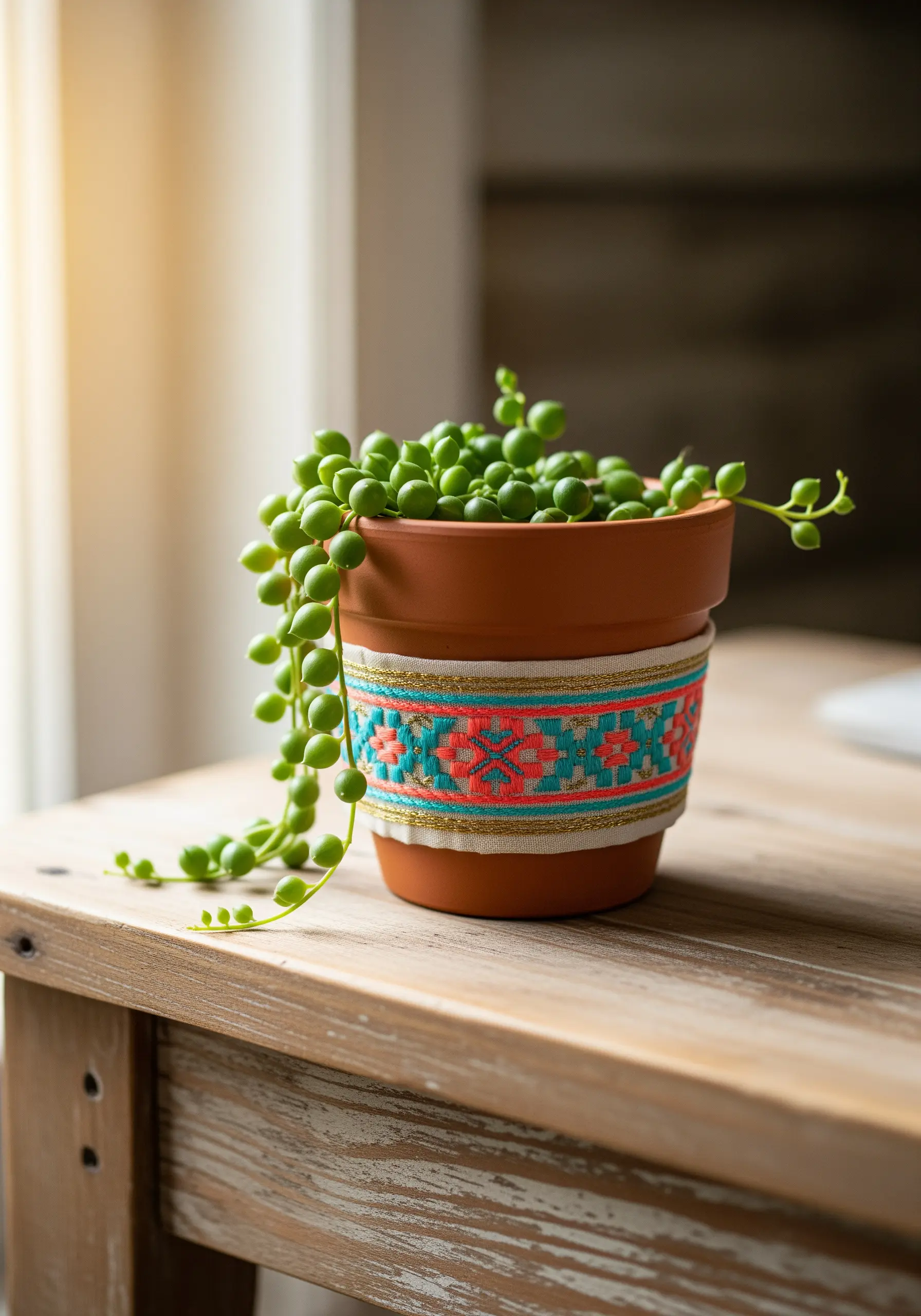 A terracotta planter pot decorated with a colorful geometric woven band.