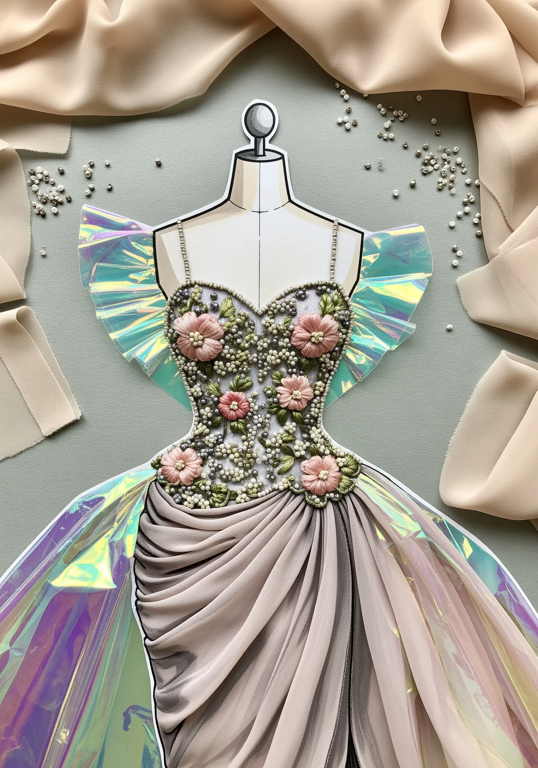 A fashion illustration of a gown embellished with ribbon embroidery flowers and beading.