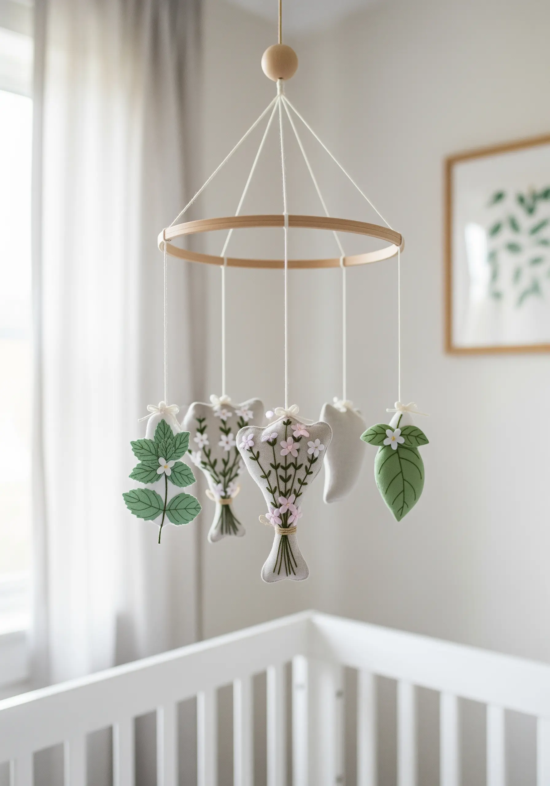 A nursery mobile with embroidered felt leaves and small bouquets hanging over a crib.