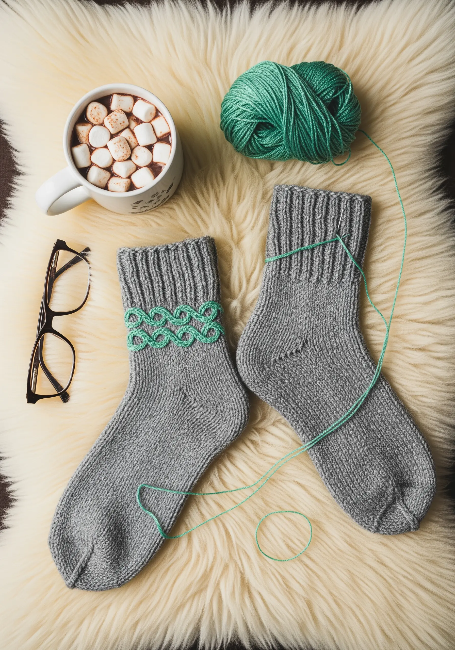 A green Celtic cable knot pattern embroidered around the cuff of grey knitted socks.